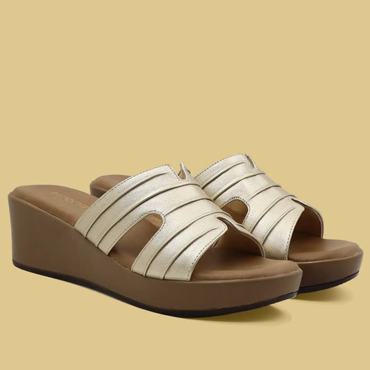 Beige metallic platform wedge heel for women front view