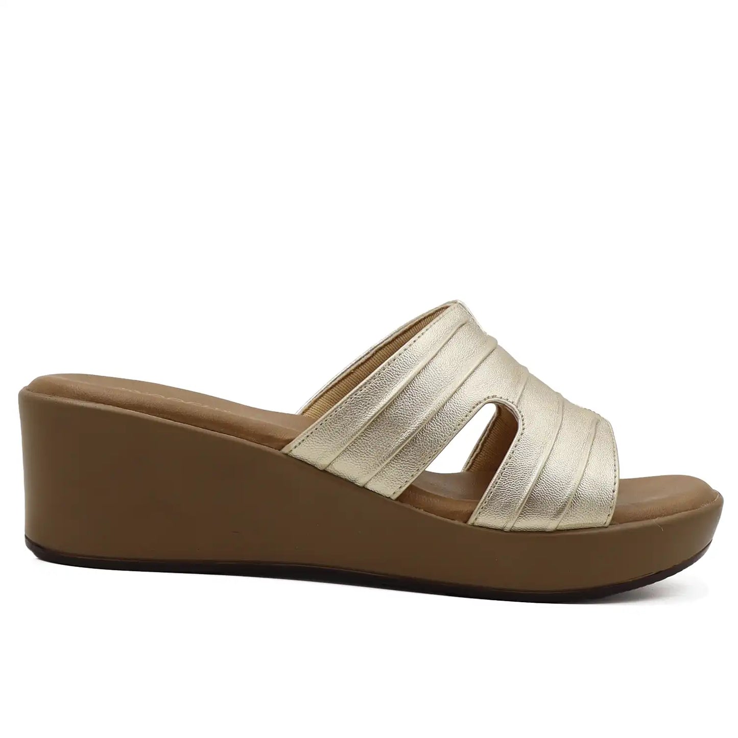 Side profile of beige platform wedge heel for women

