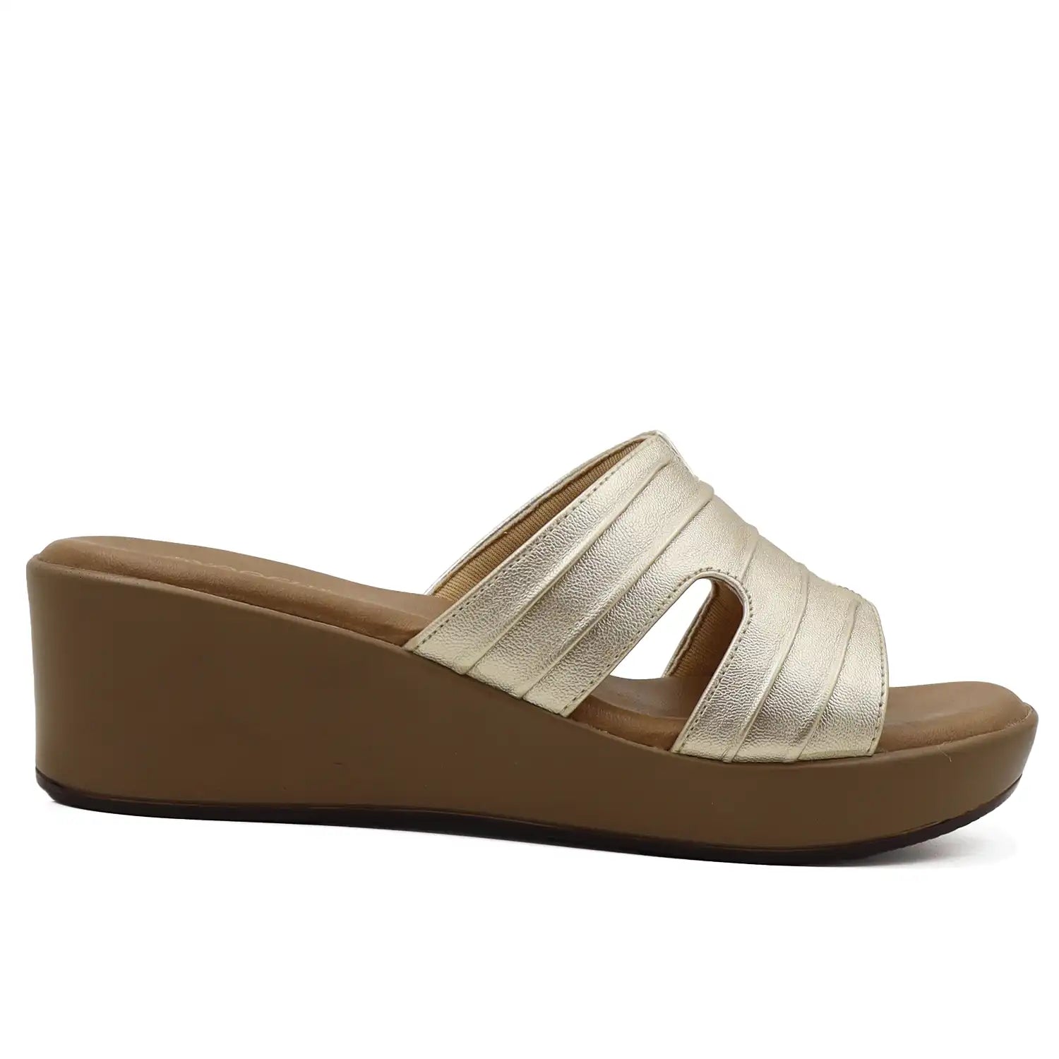 Side profile of beige platform wedge heel for women
