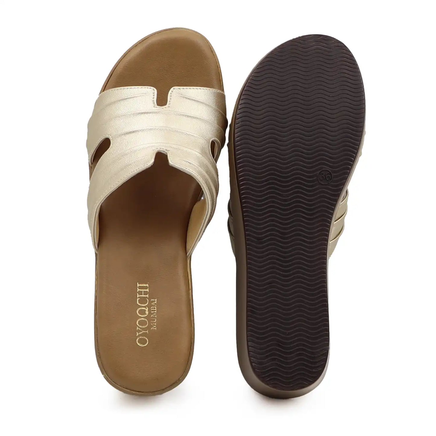Top and sole view of beige metallic platform wedge heel