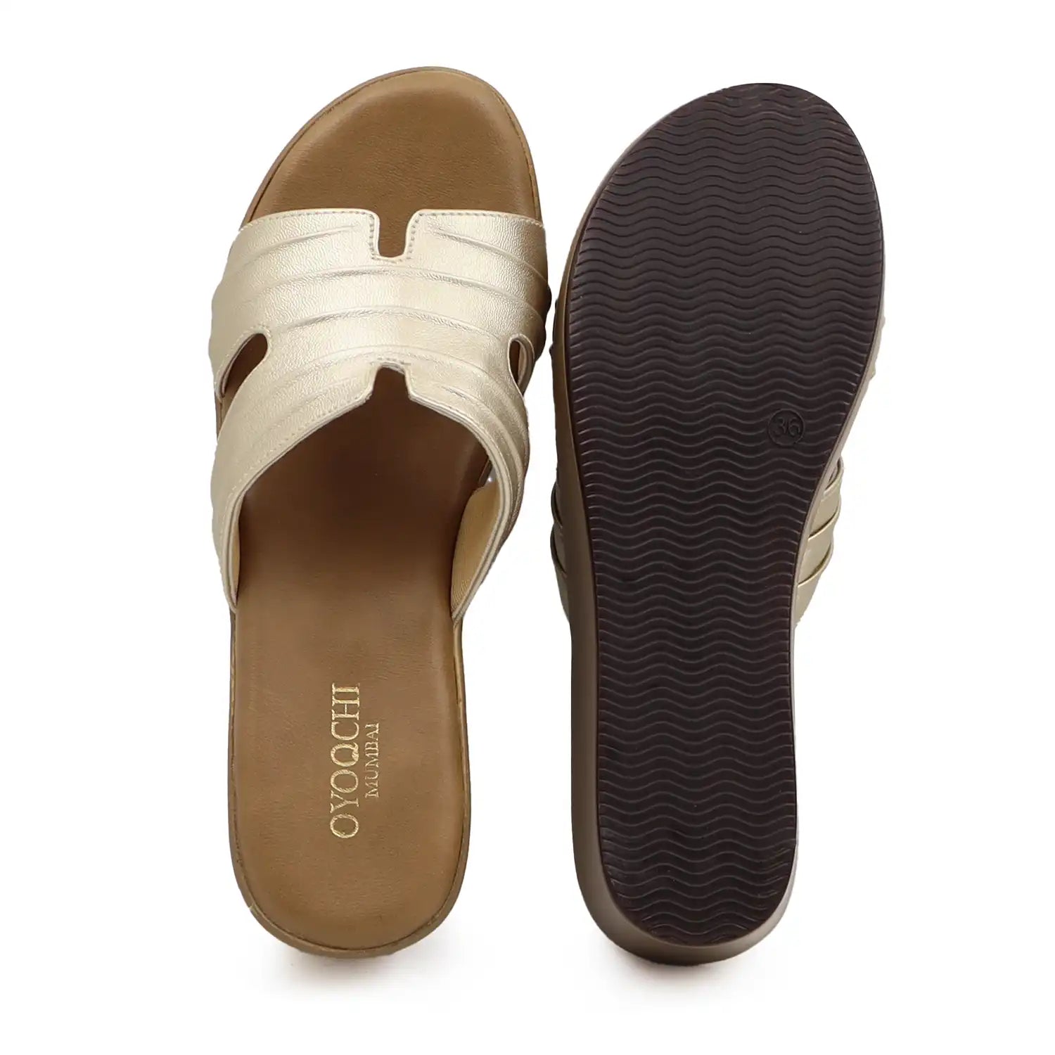 Top and sole view of beige metallic platform wedge heel