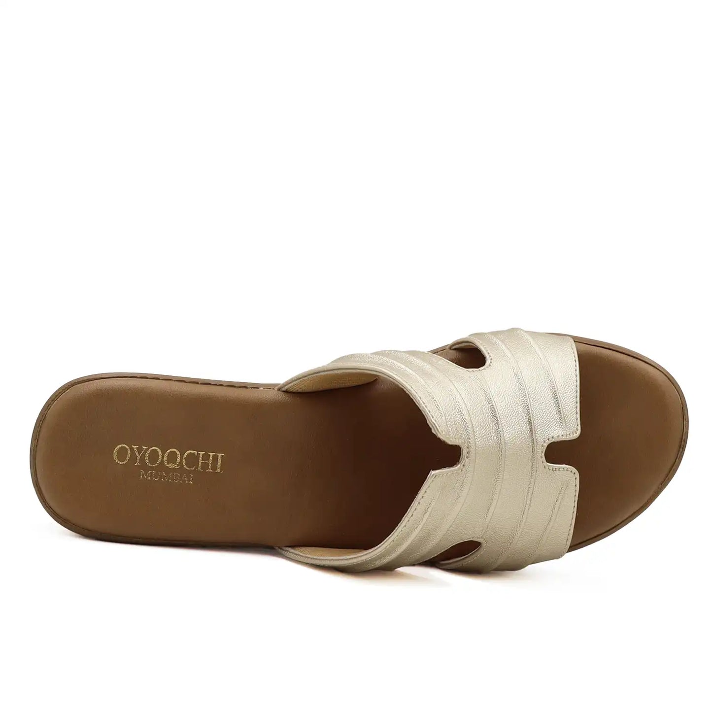 Top clean view of beige metallic platform wedge sandal