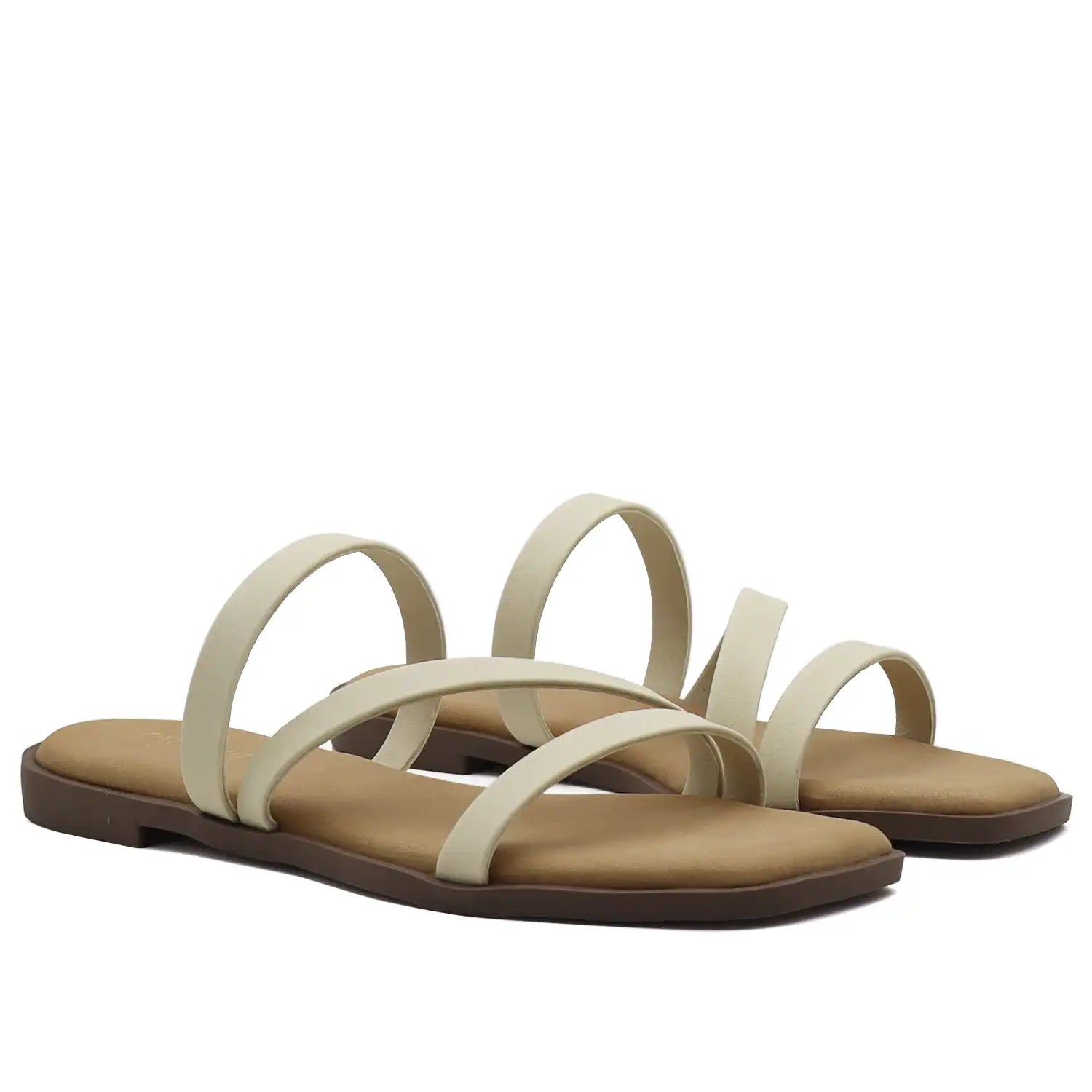 Beige multi strap flat sandals for women angled pair view