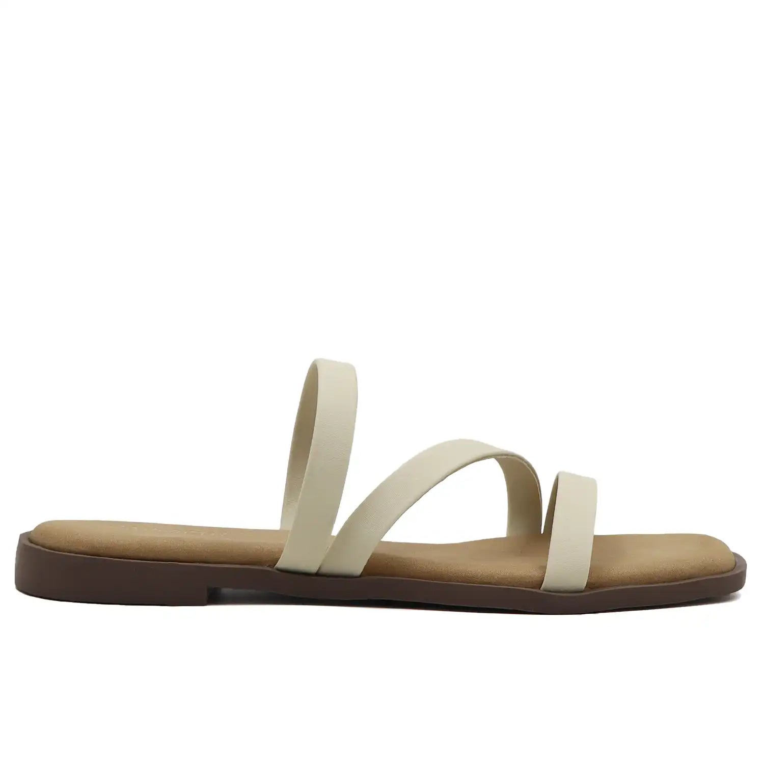Beige multi strap flat sandals for women side profile view