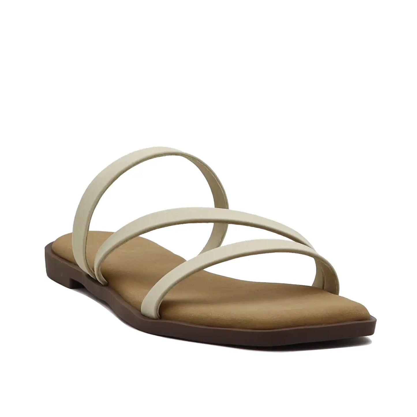 Beige multi strap flat sandals for women angled view