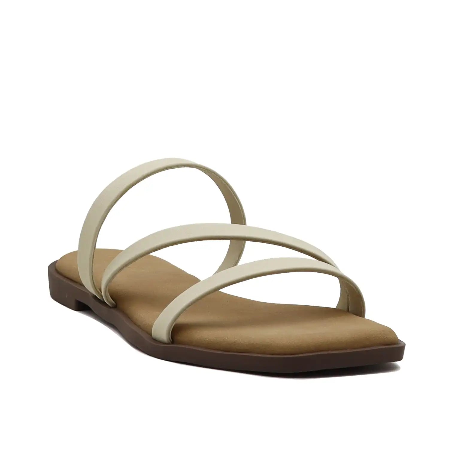 Beige multi strap flat sandals for women angled view