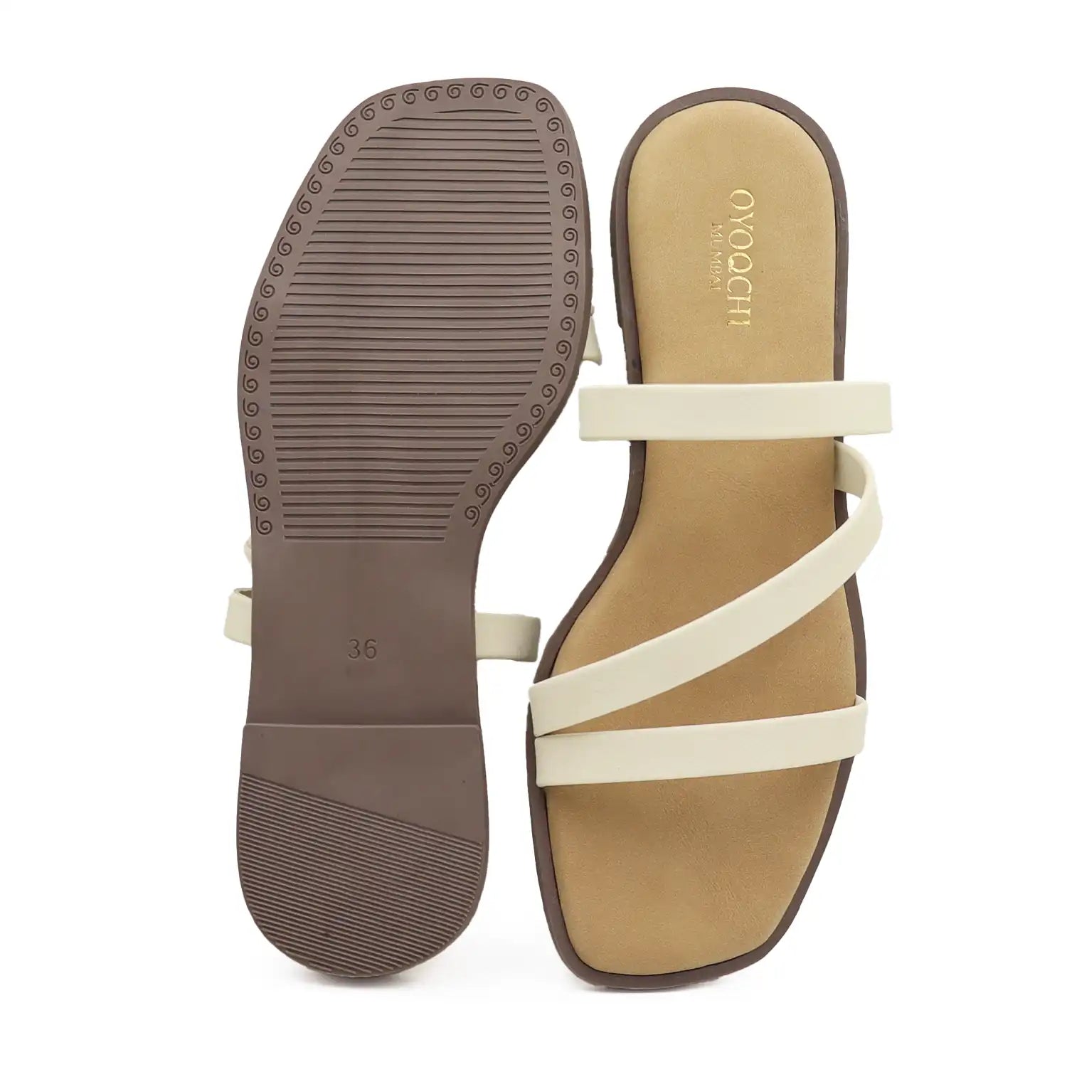 Top and sole view of beige multi strap flat sandals for women