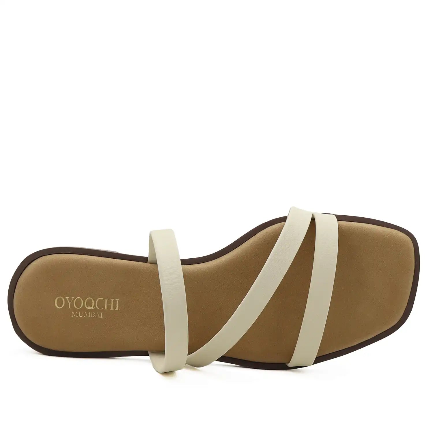 Top view of beige multi strap flat sandals for women