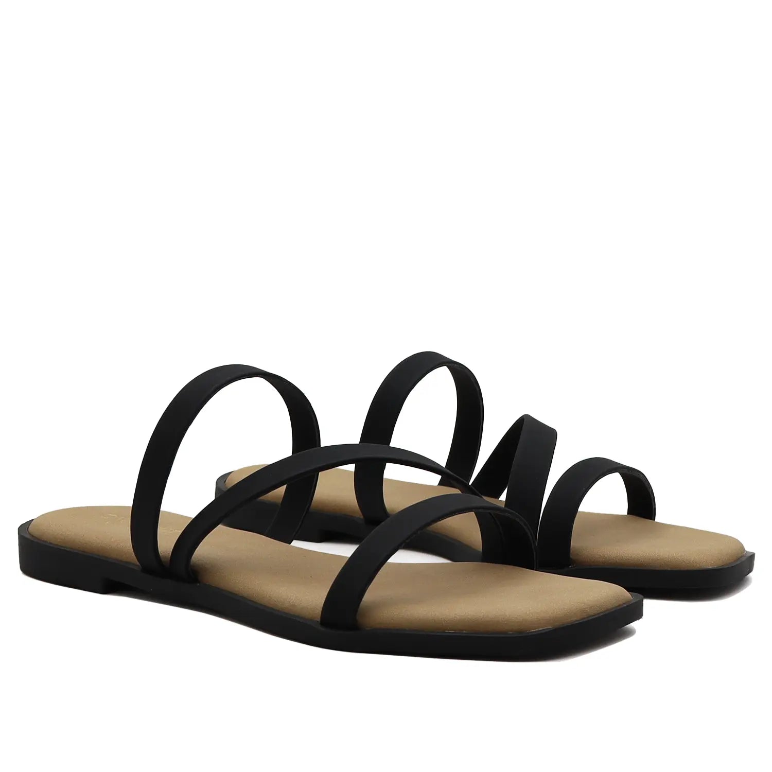 Black multi strap flat sandals for women angled pair view