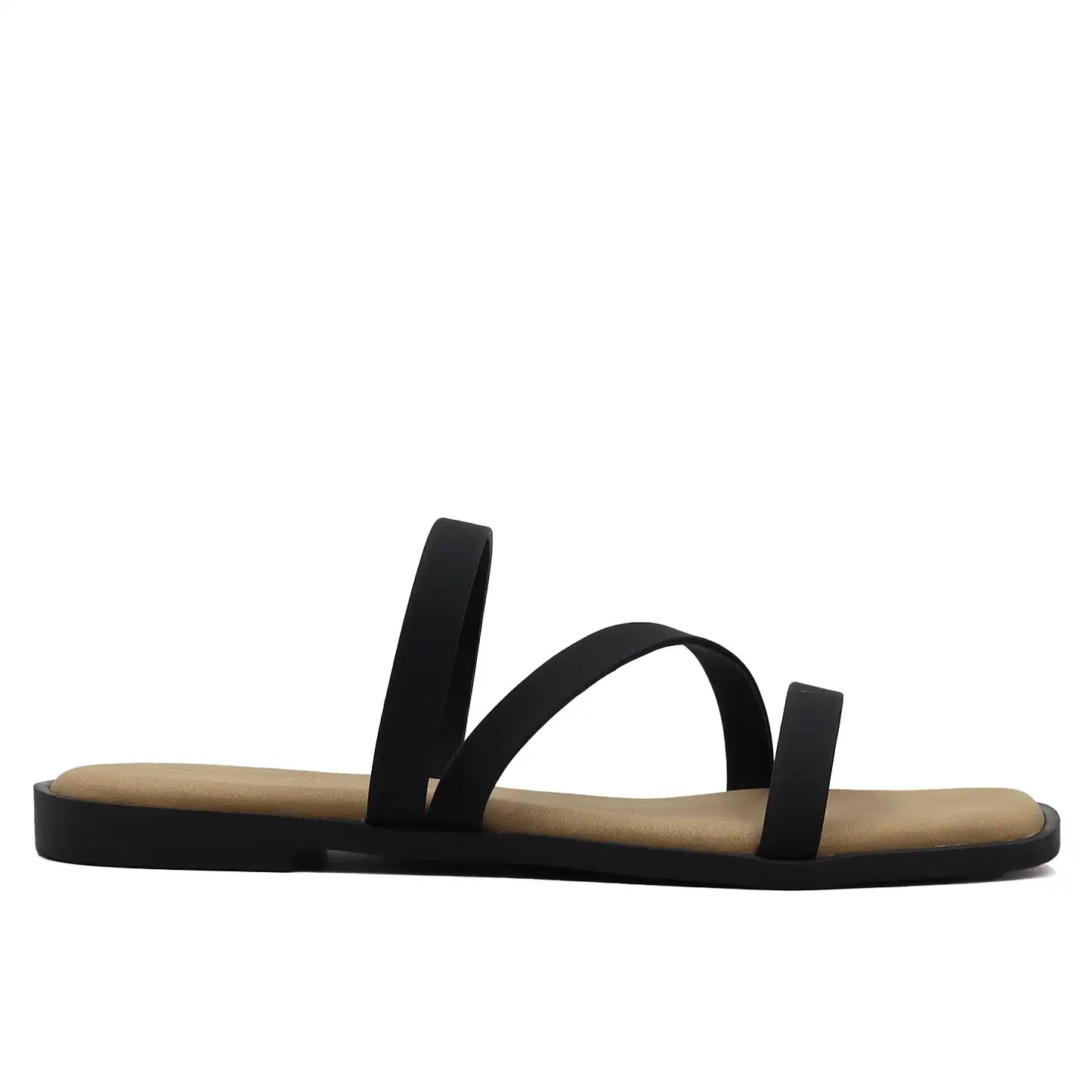 Black multi strap flat sandals for women side profile view
