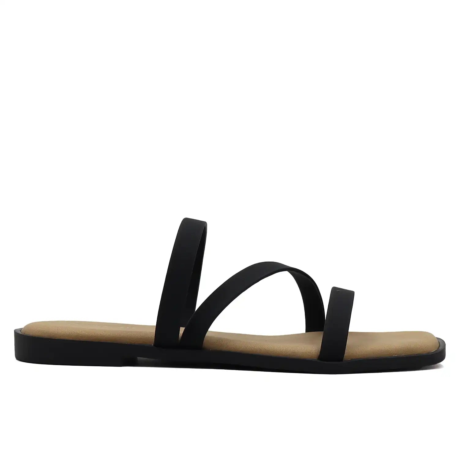 Black multi strap flat sandals for women side profile view