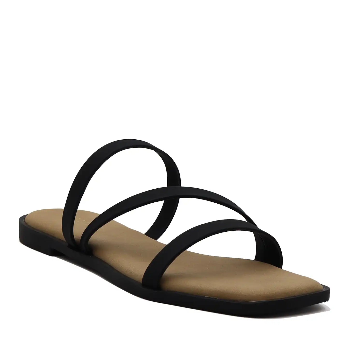 Black multi strap flat sandals for women side angled view