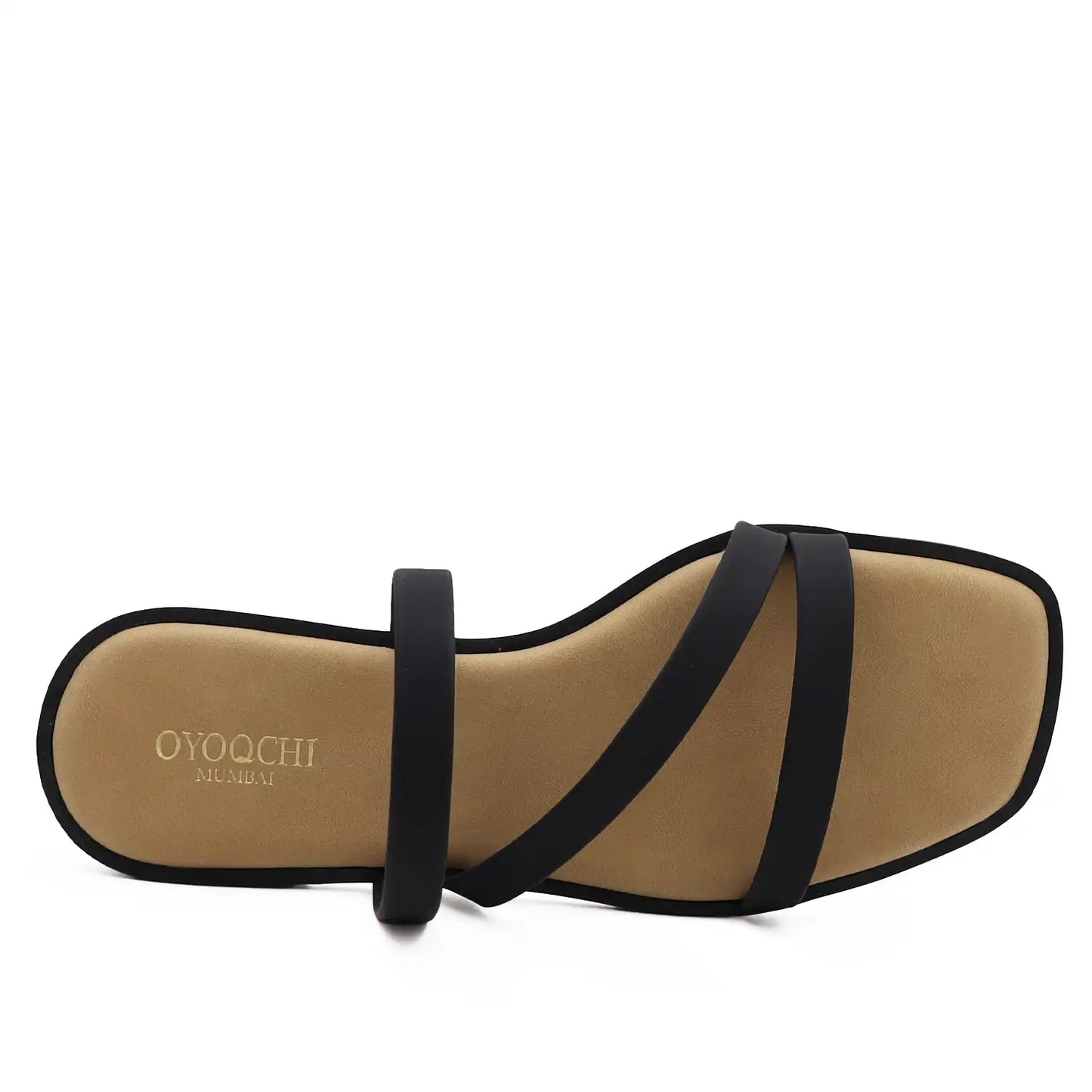 Top view of black multi strap flat sandals for women