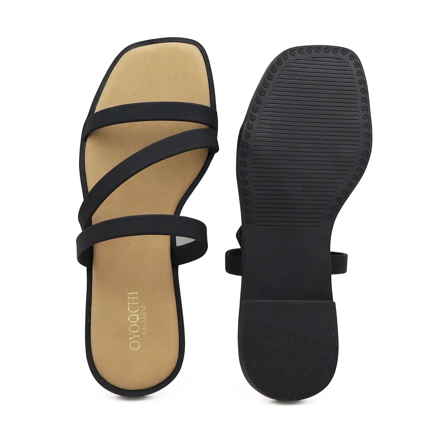 Top and sole view of black multi strap flat sandals for women