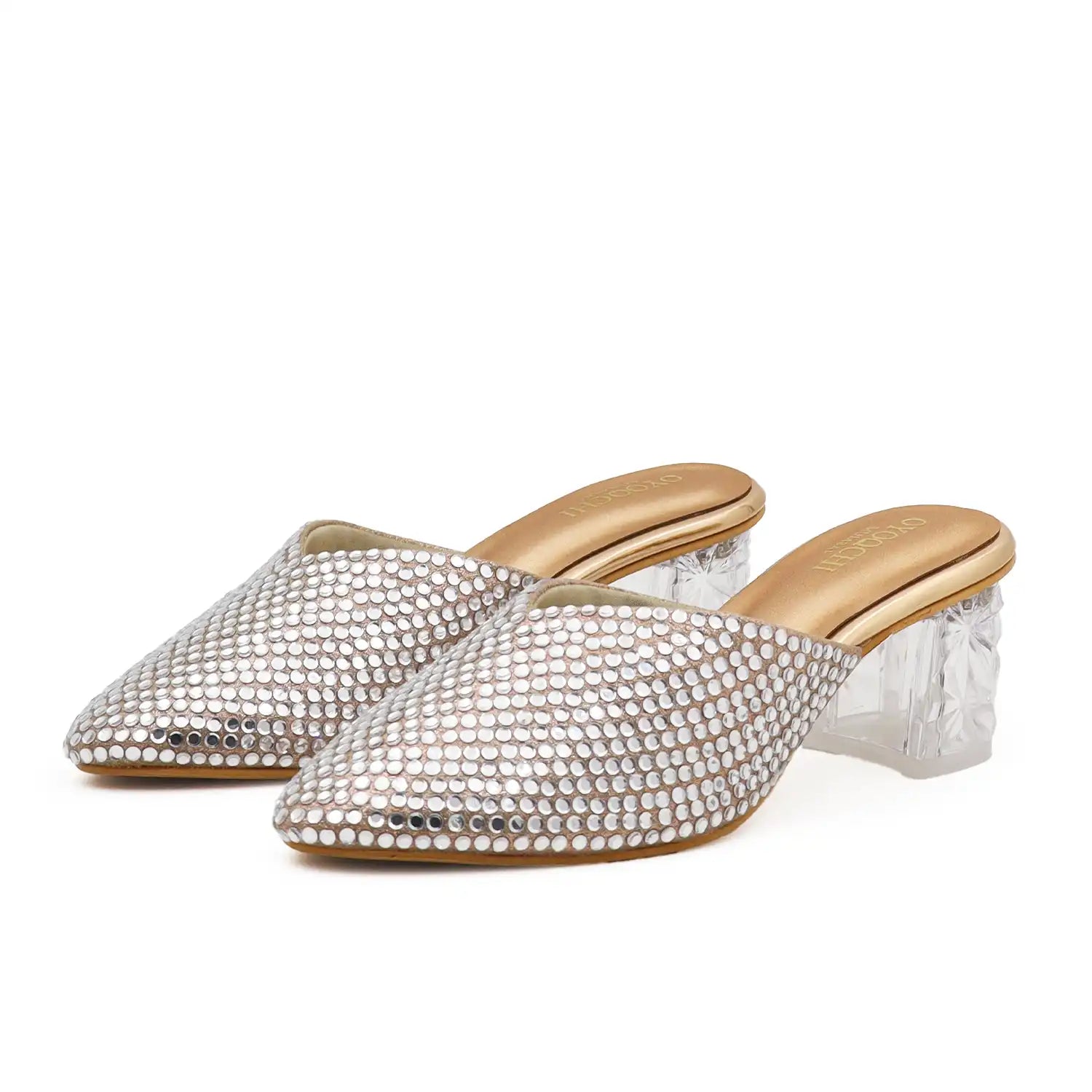 OYOQCHI women's 2-inch transparent block heel mules with crystal embellished upper and cushioned footbed in Rose Gold, pair view