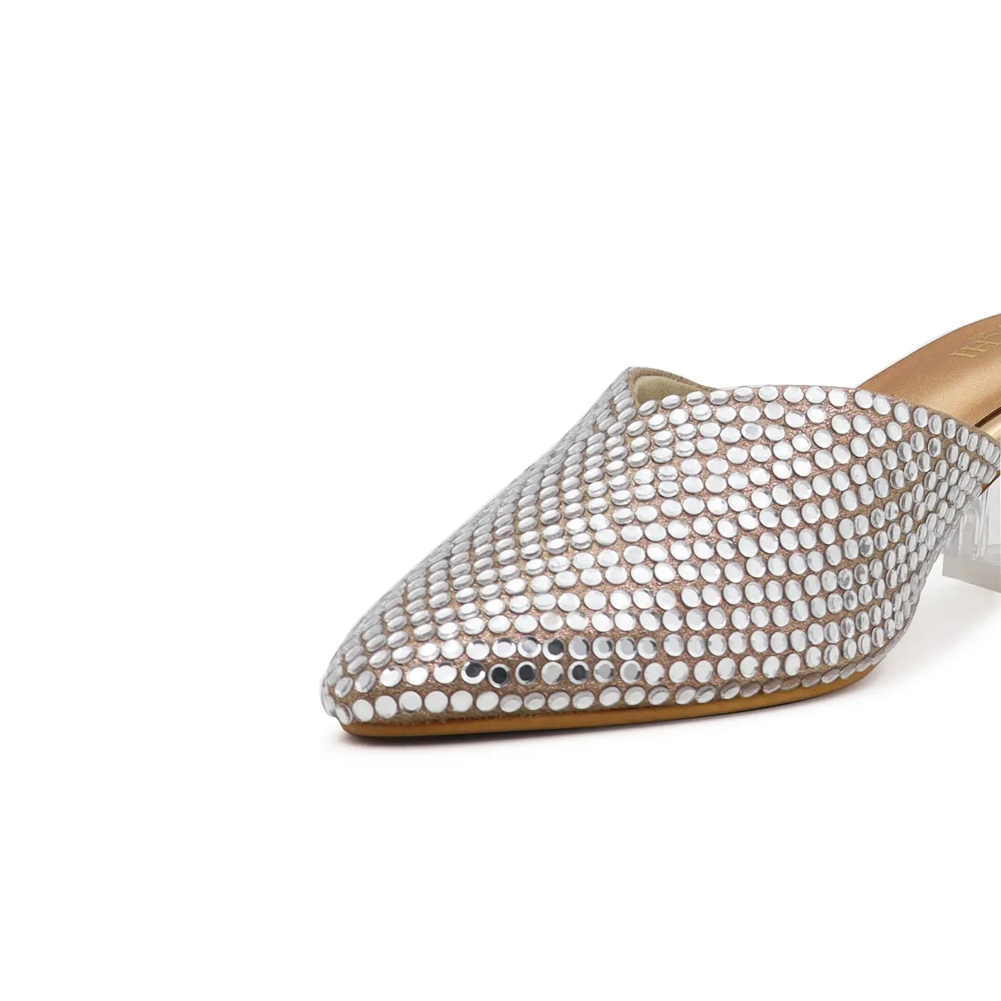 OYOQCHI women's 2-inch transparent block heel mules with crystal embellished upper and cushioned footbed in Rose Gold, close view