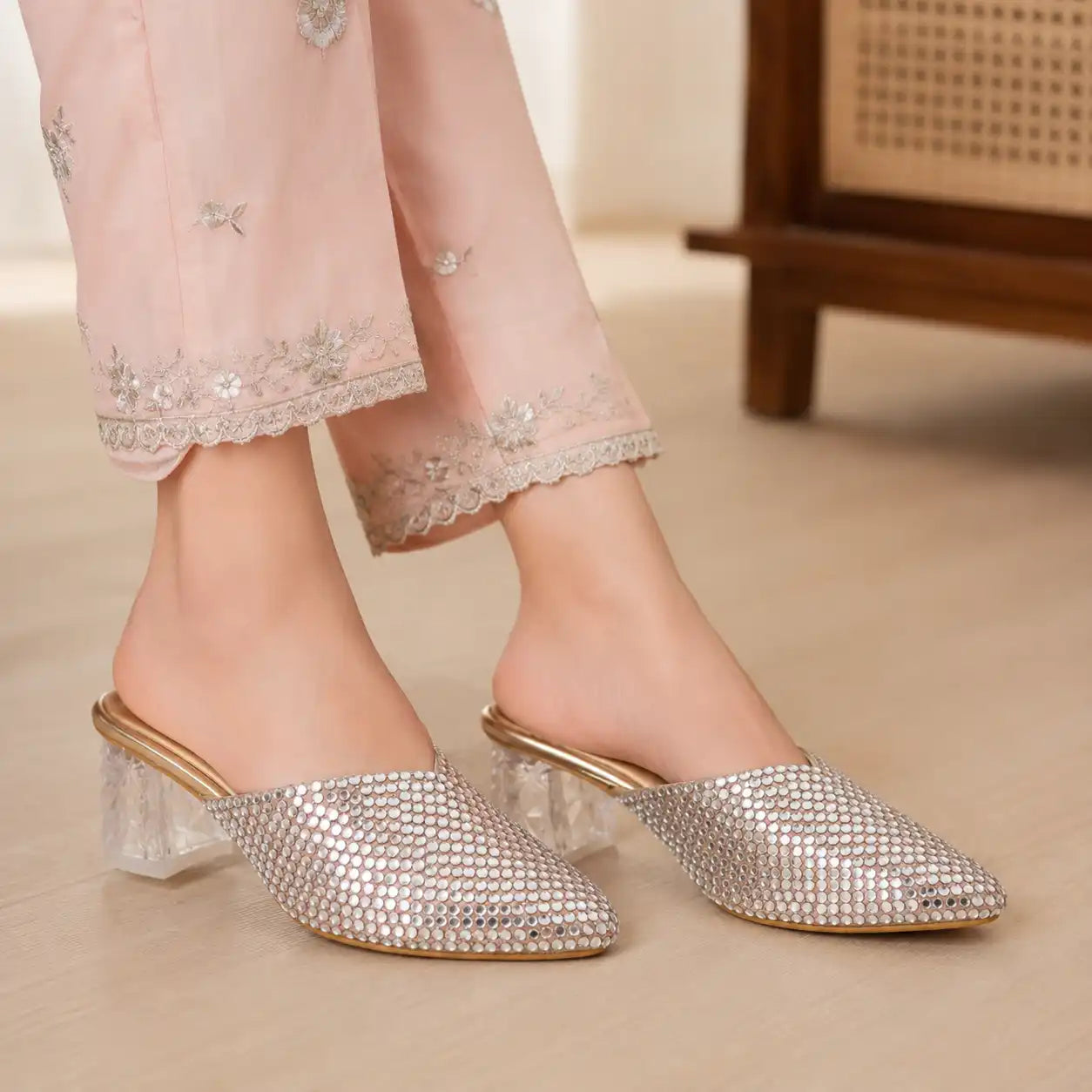 OYOQCHI women's 2-inch transparent block heel mules with crystal embellished upper and cushioned footbed in Rose Gold, lifestyle