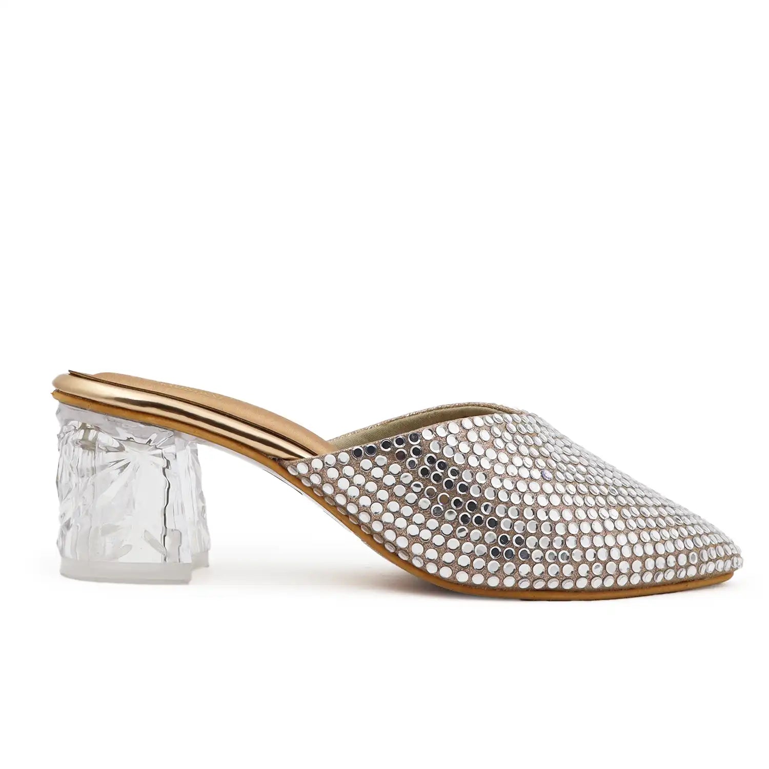 OYOQCHI women's 2-inch transparent block heel mules with crystal embellished upper and cushioned footbed in Rose Gold, side view
