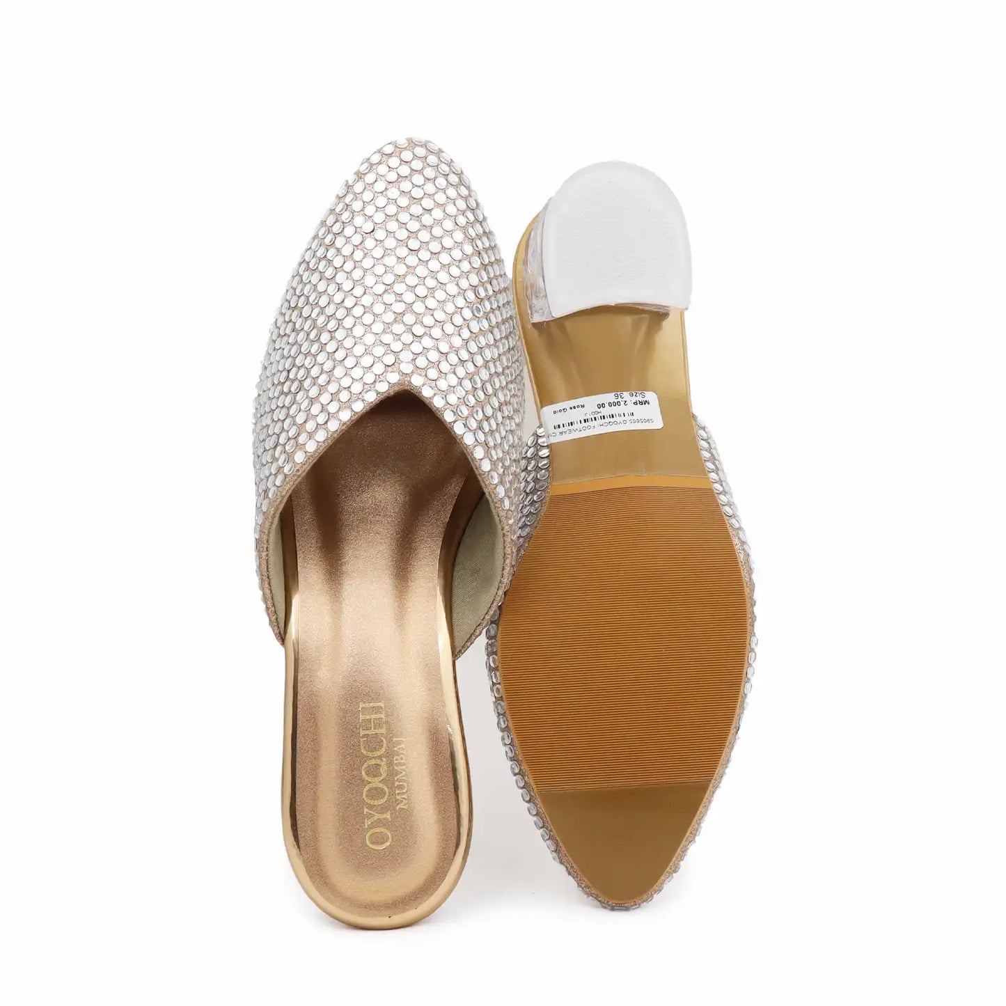 OYOQCHI women's 2-inch transparent block heel mules with crystal embellished upper and cushioned footbed in Rose Gold, top and sole view