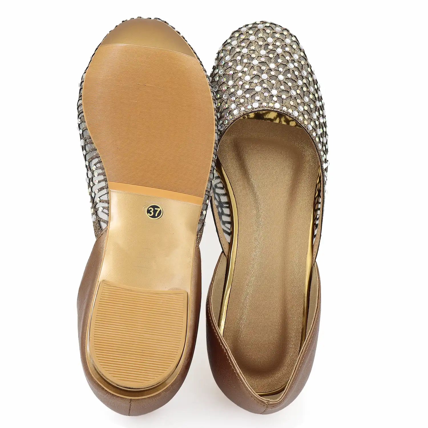 Top and sole view of women’s antique embellished jutti with sequin detailing
