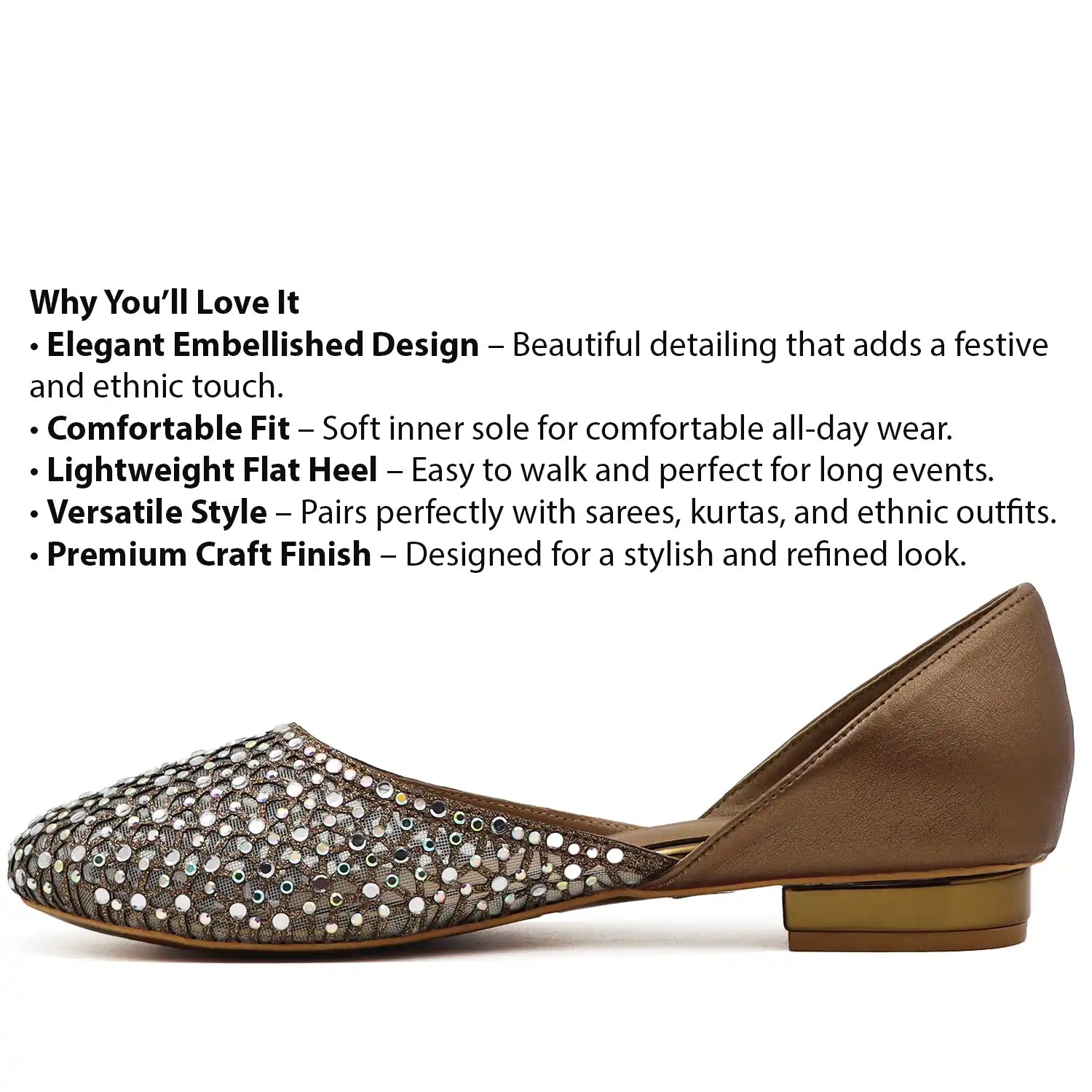Detail view of women’s antique embellished jutti flats with sequin detailing