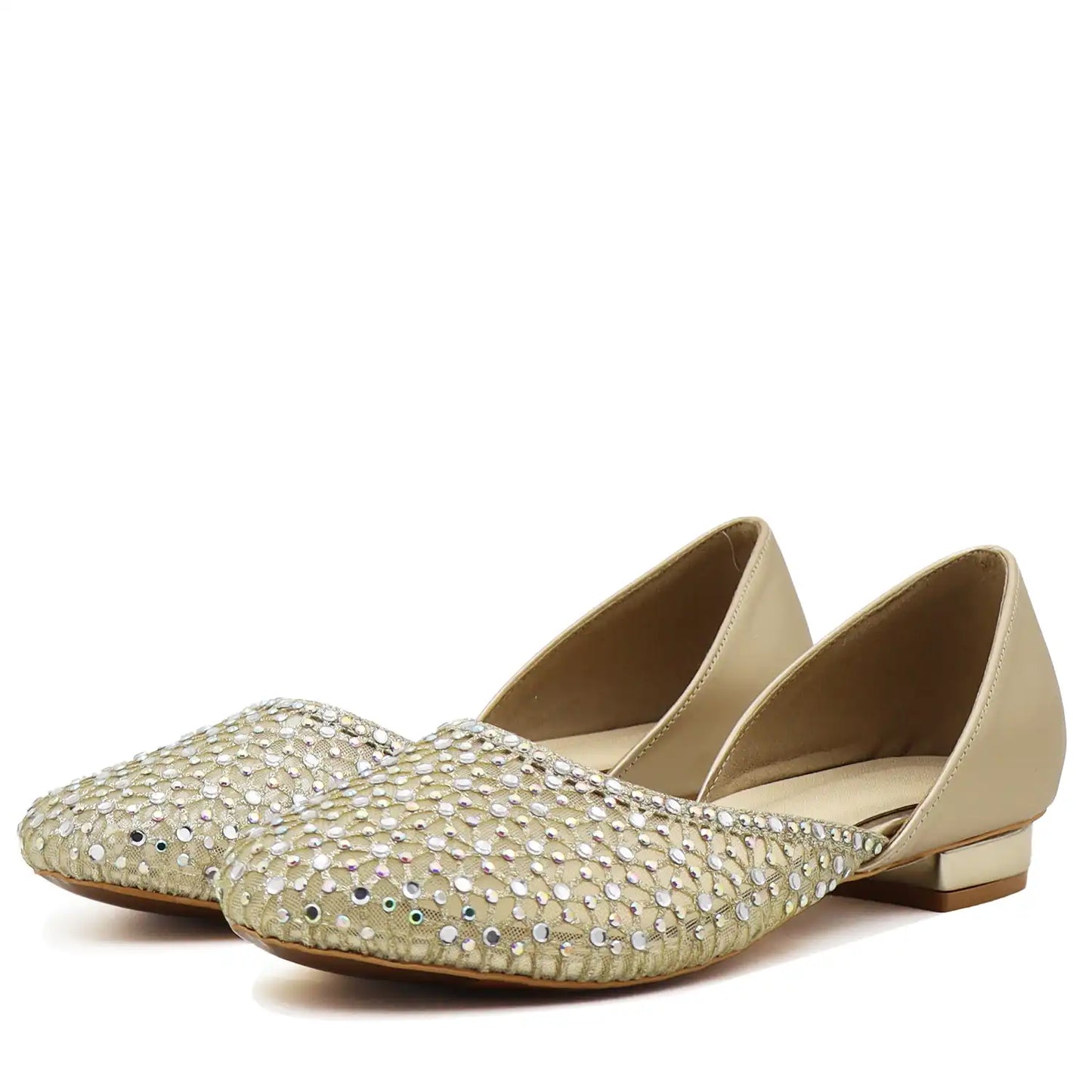 Pair of women’s gold embellished jutti flats with silver sequin detailing angled view