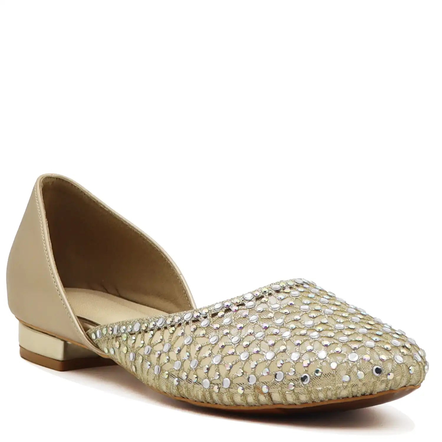 Angled view of women’s gold embellished jutti flats with sequin detailing