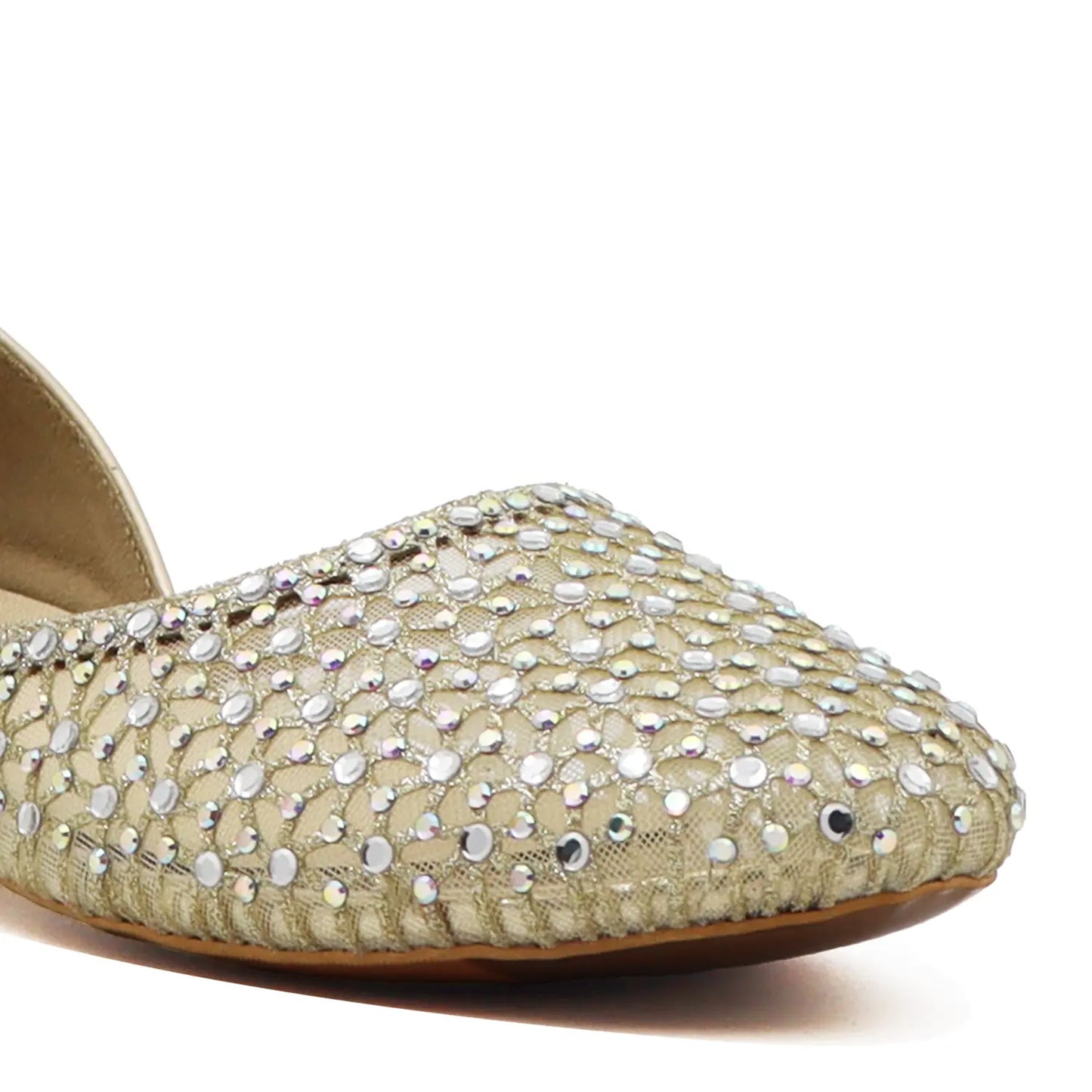 Close-up of women’s gold embellished jutti with sequin detailing