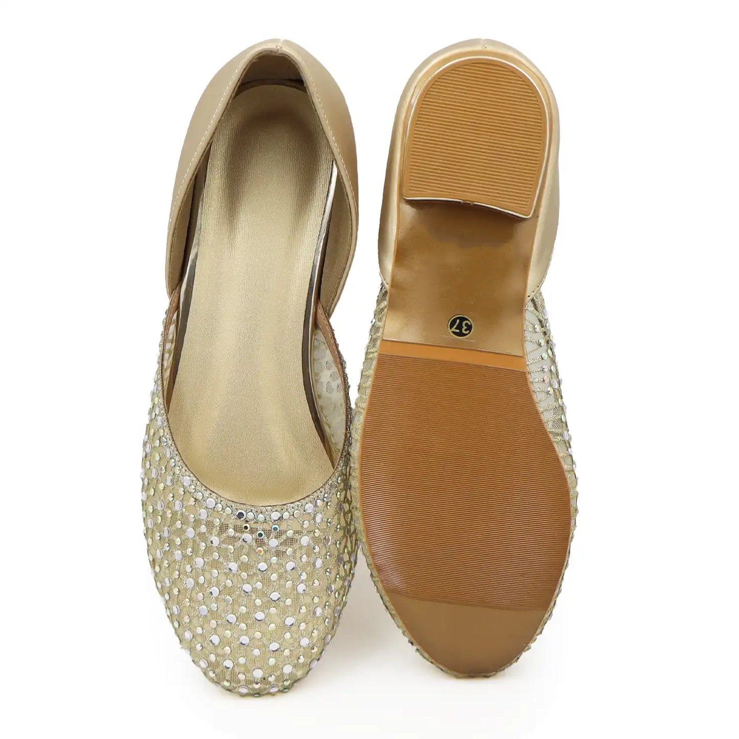 Top and sole view of women’s gold embellished jutti with sequin detailing