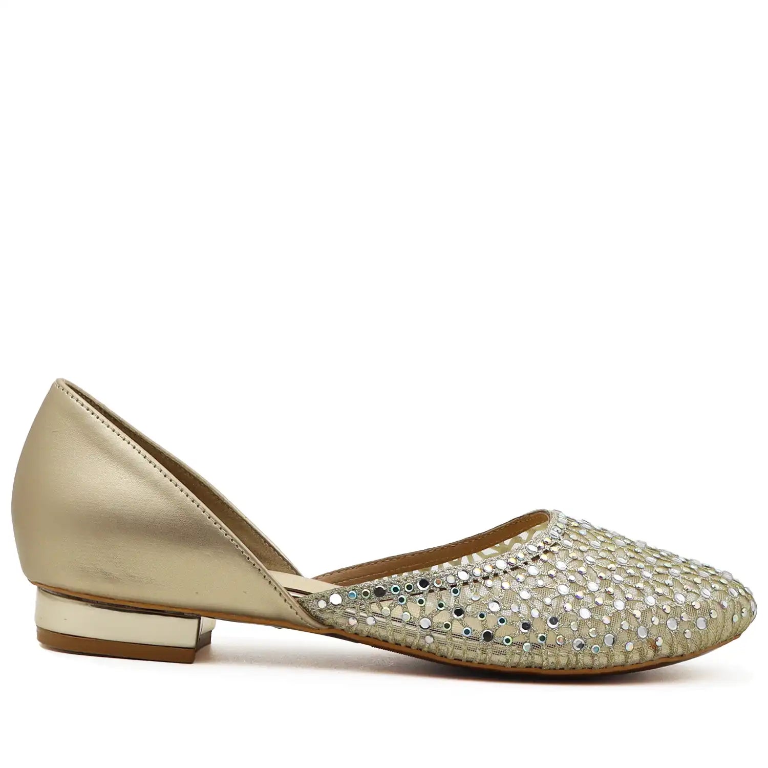 Side view of women’s gold embellished jutti flats with sequin detailing