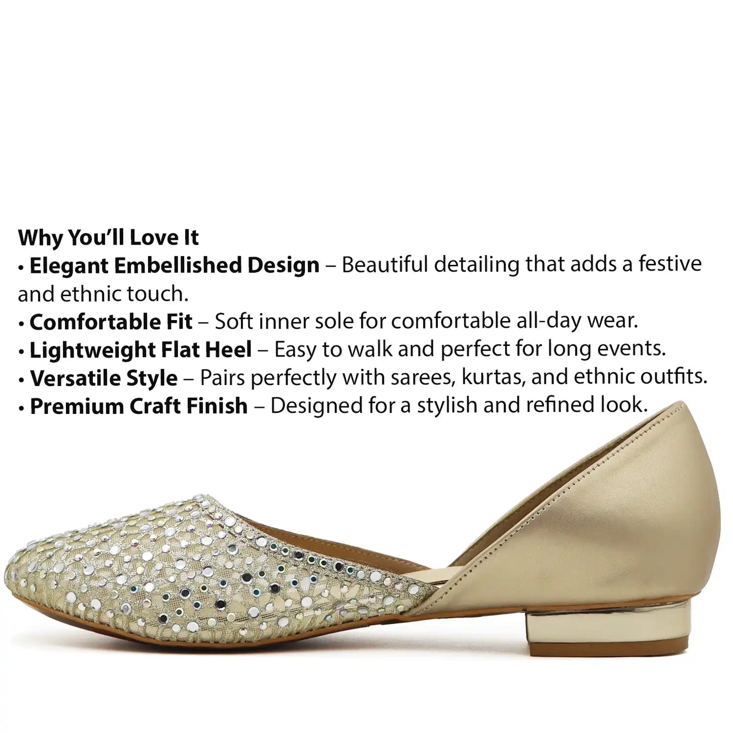 Detail view of women’s gold embellished jutti flats with sequin detailing