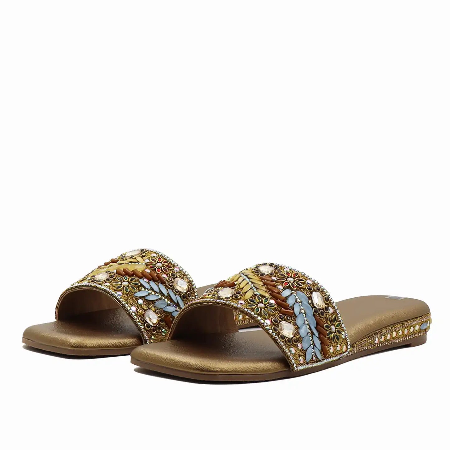 pair of women’s embellished ethnic flat sandals with beaded upper, angle view