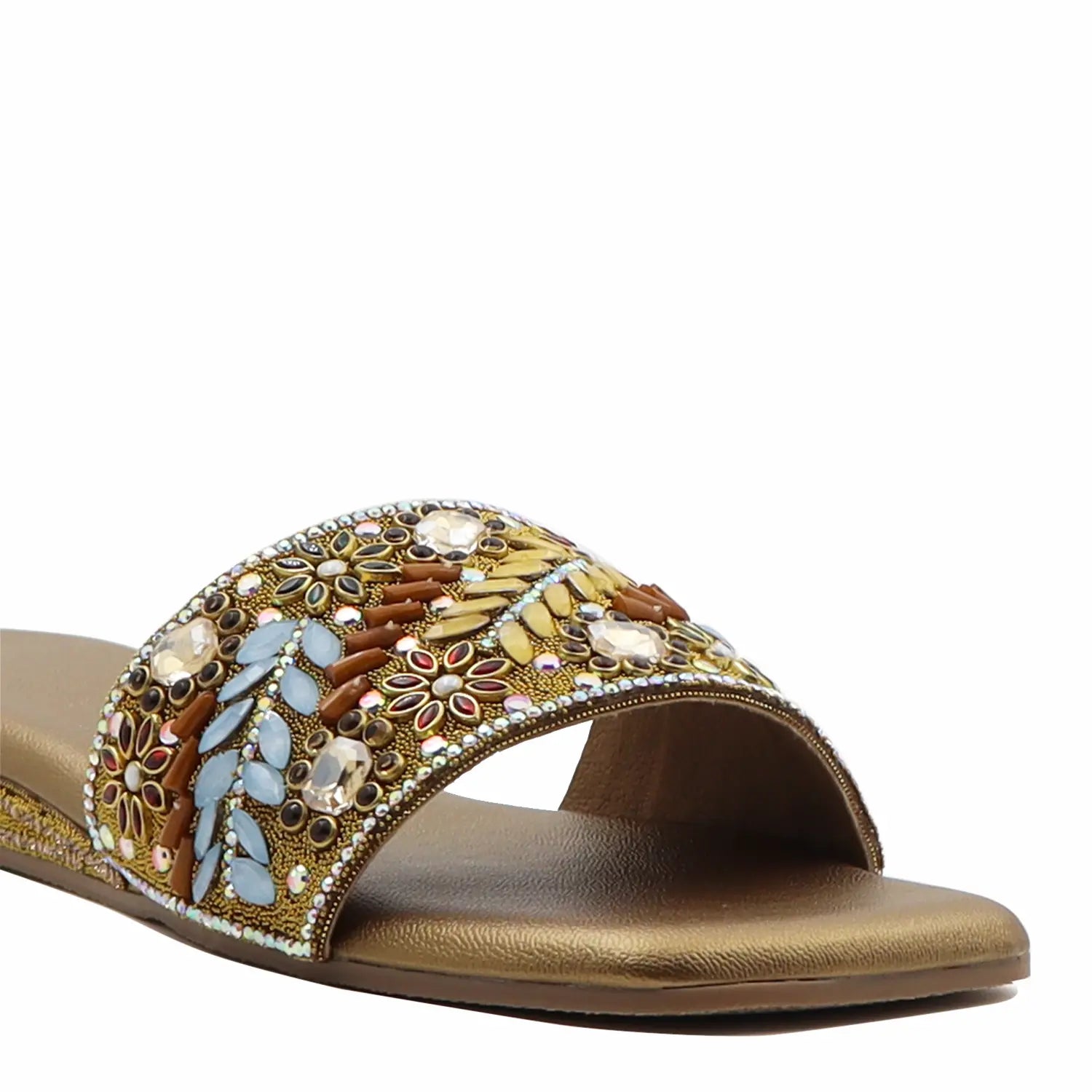 women’s embellished ethnic flat sandal with beaded upper, close view