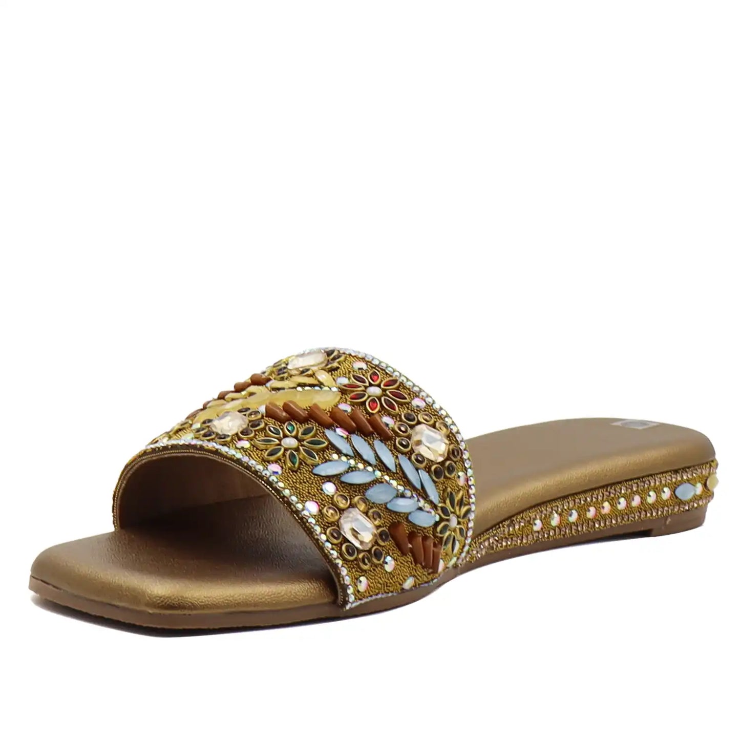 women’s embellished ethnic flat sandal with beaded upper, angled side view