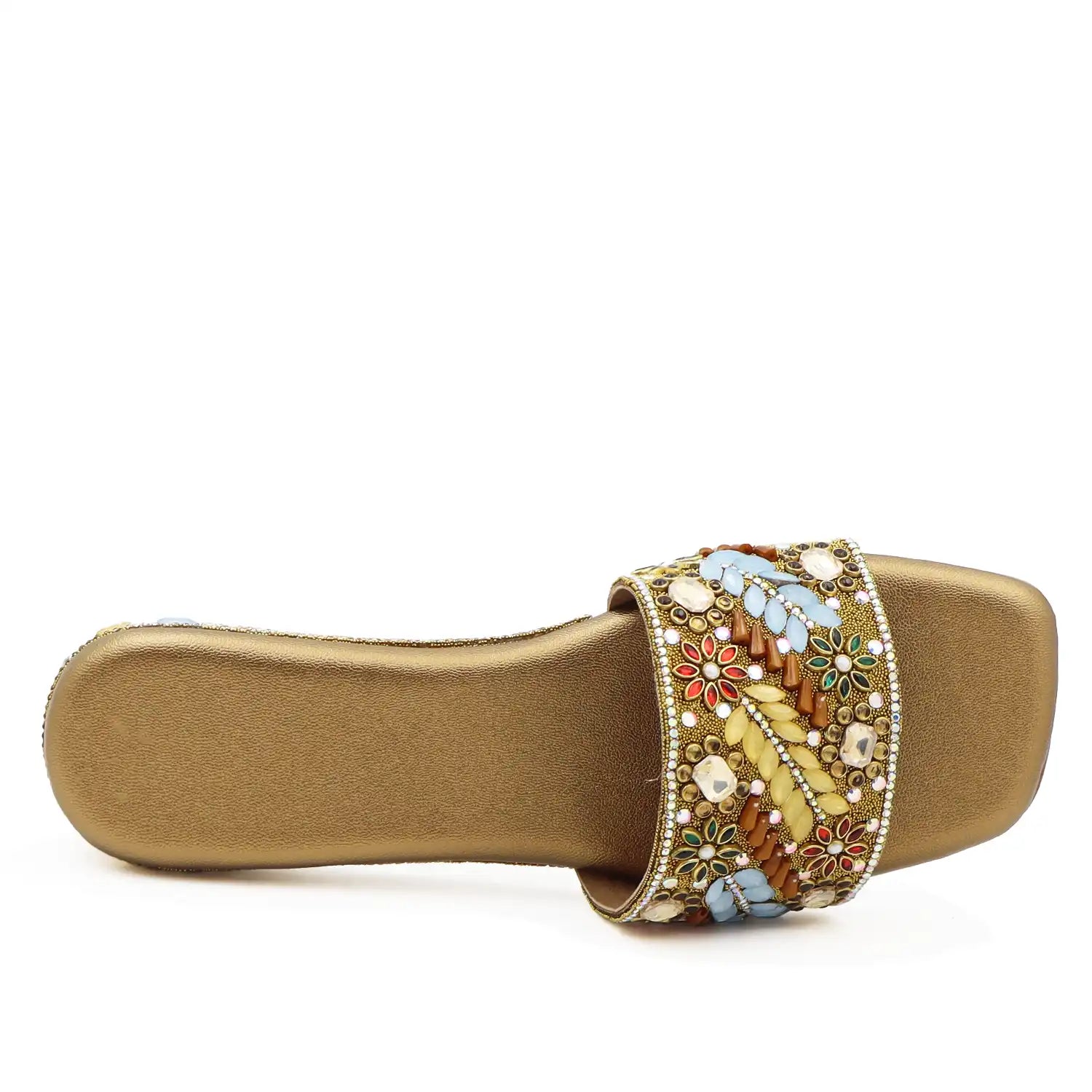 women’s embellished ethnic flat sandal with beaded upper, top view