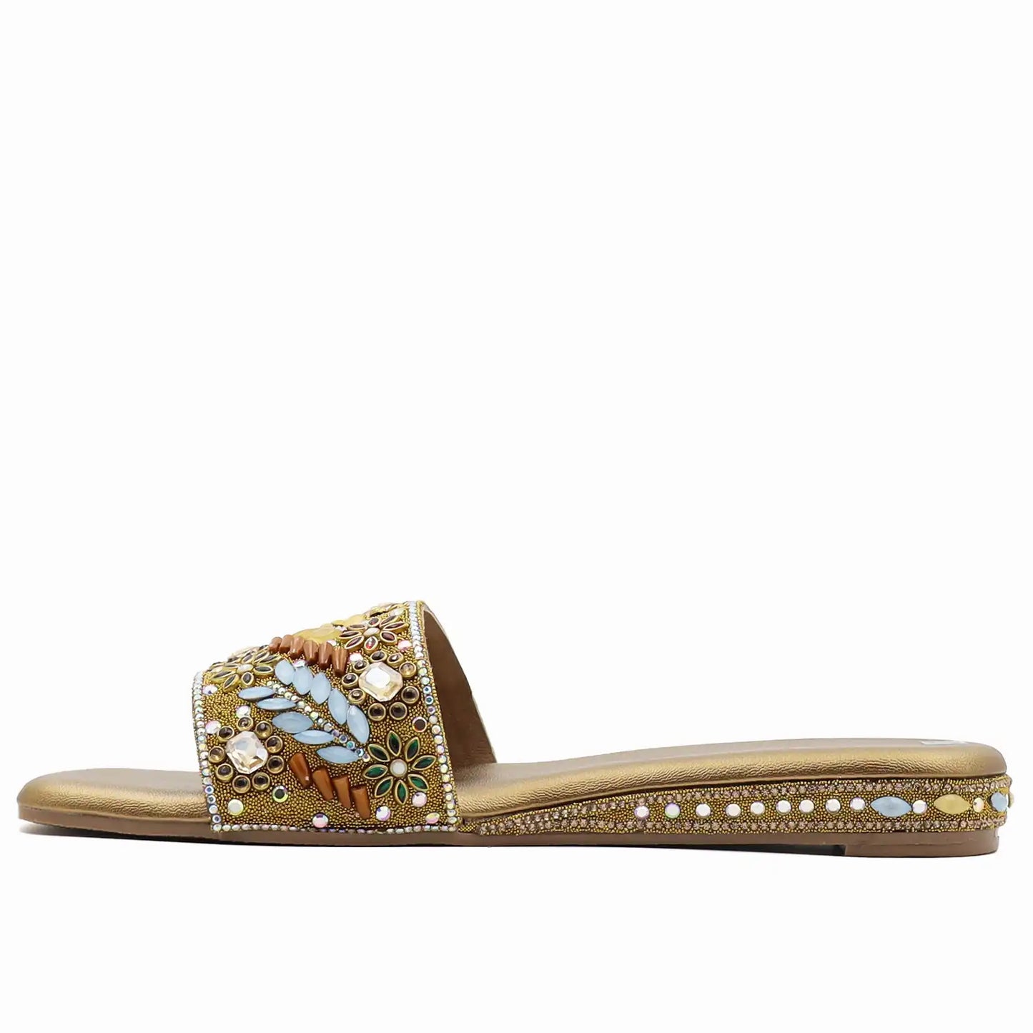 women’s embellished ethnic flat sandal with beaded upper, side view