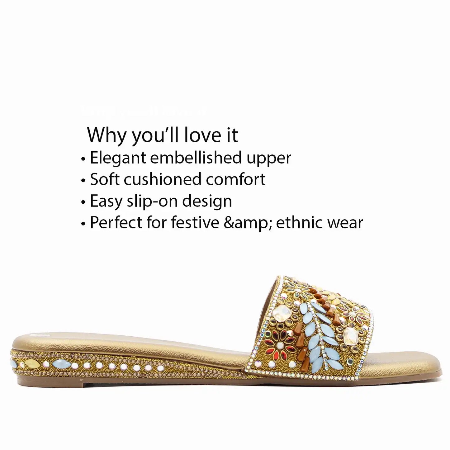 women’s embellished ethnic flat sandal with beaded upper, side view with features