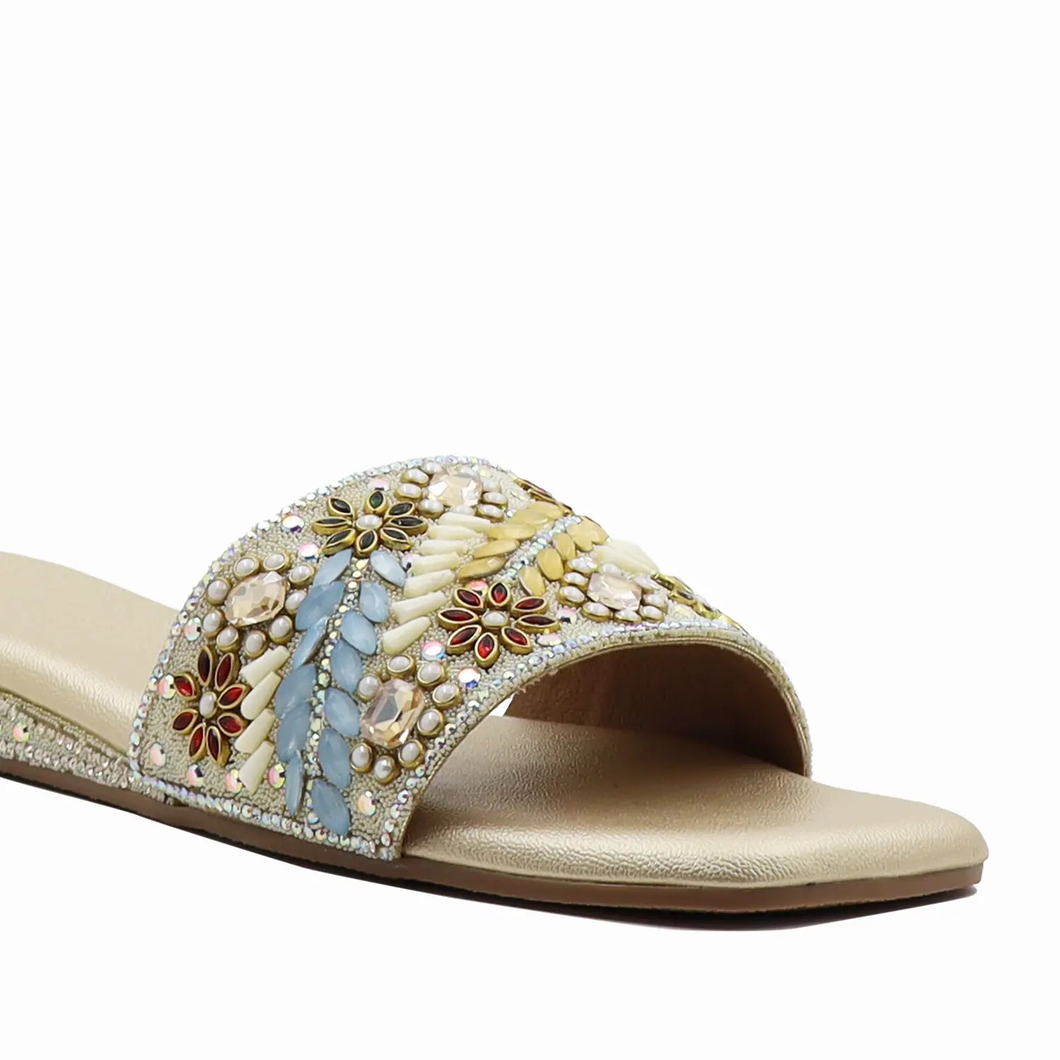 women’s gold embellished ethnic flat sandal with beaded upper, close view