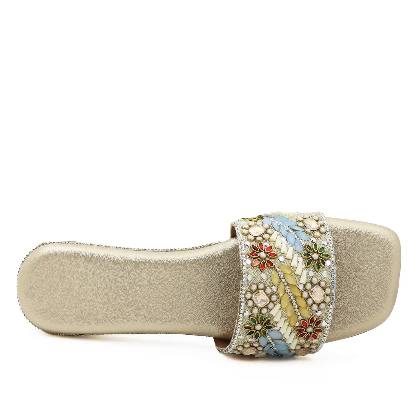 women’s gold embellished ethnic flat sandal with beaded upper, top view