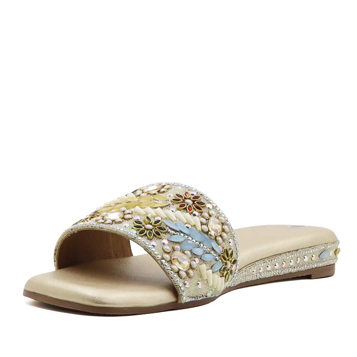 women’s gold embellished ethnic flat sandal with beaded upper, angled side view
