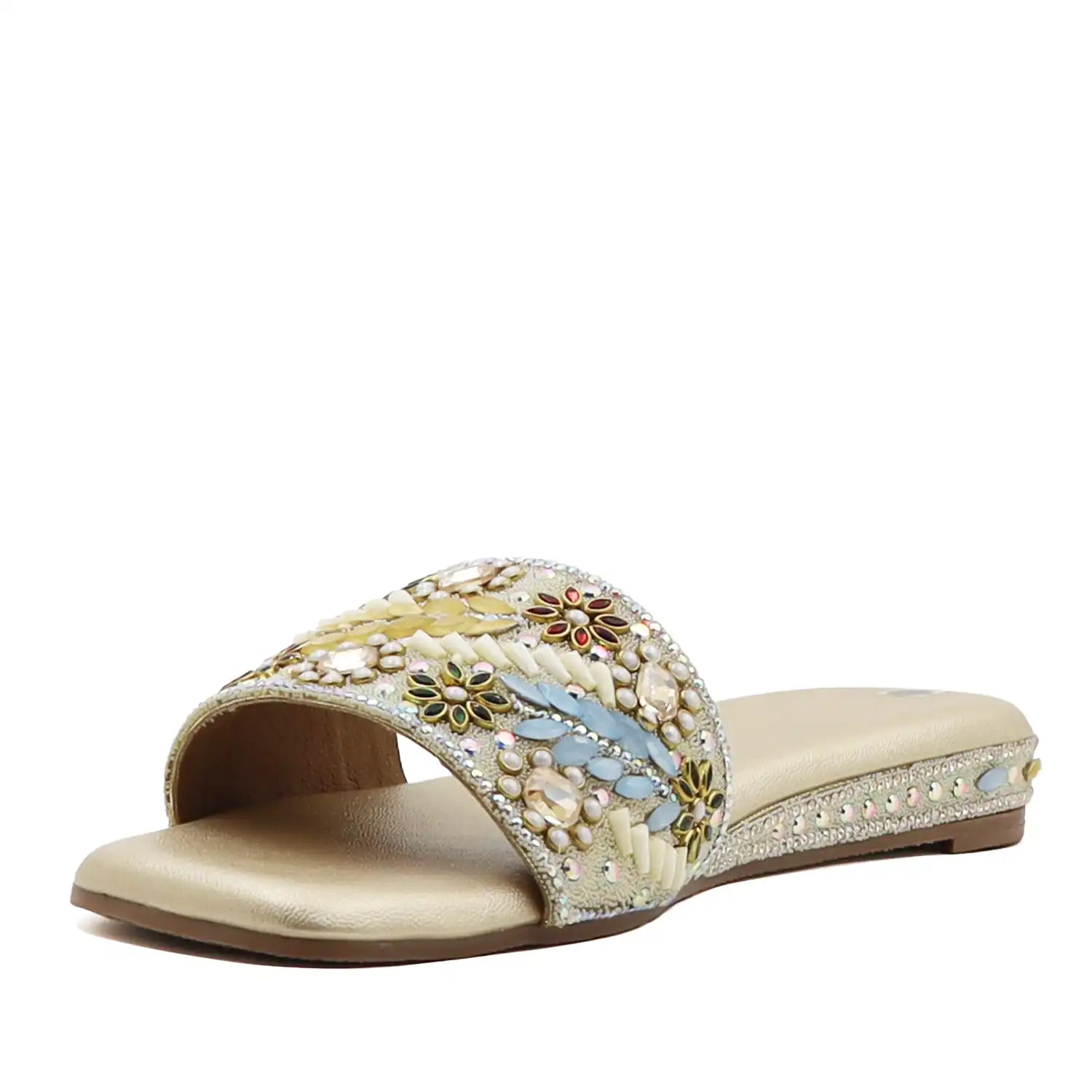 women’s gold embellished ethnic flat sandal with beaded upper, angled side view