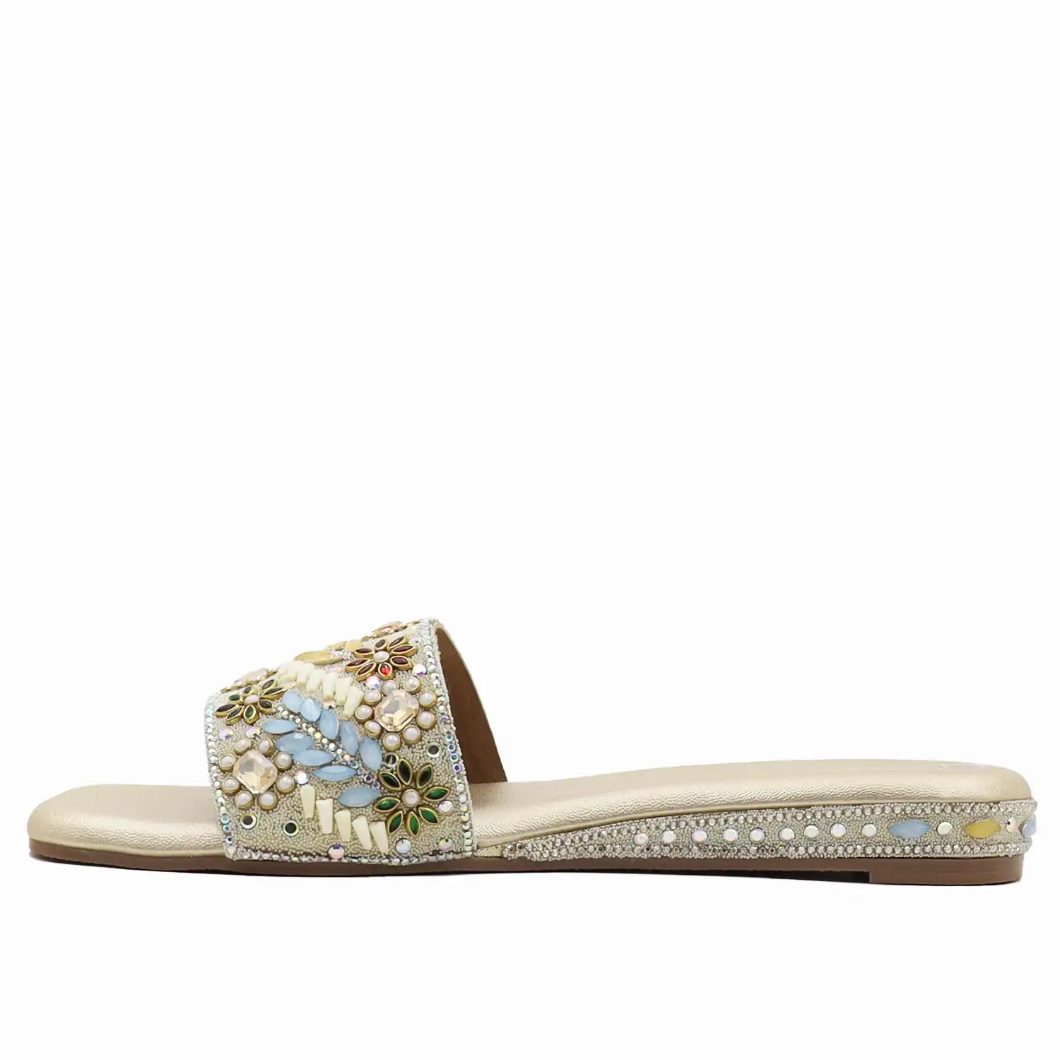 women’s gold embellished ethnic flat sandal with beaded upper, side view