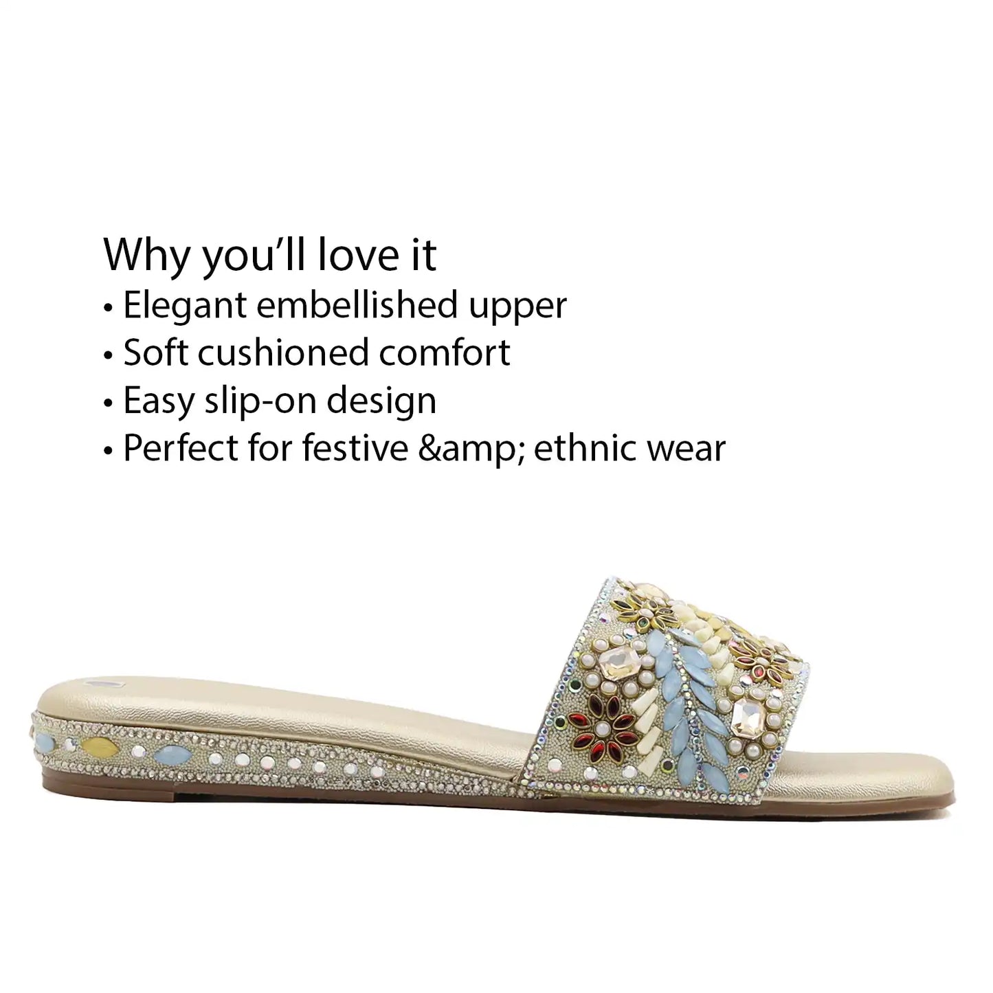 women’s gold embellished ethnic flat sandal with beaded upper, side view with features