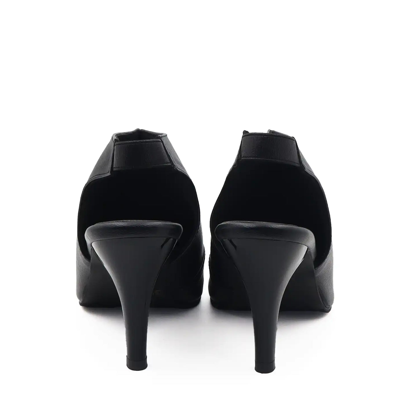 Black high-heeled pump shoes for women shown from the back, featuring a pointed slingback design