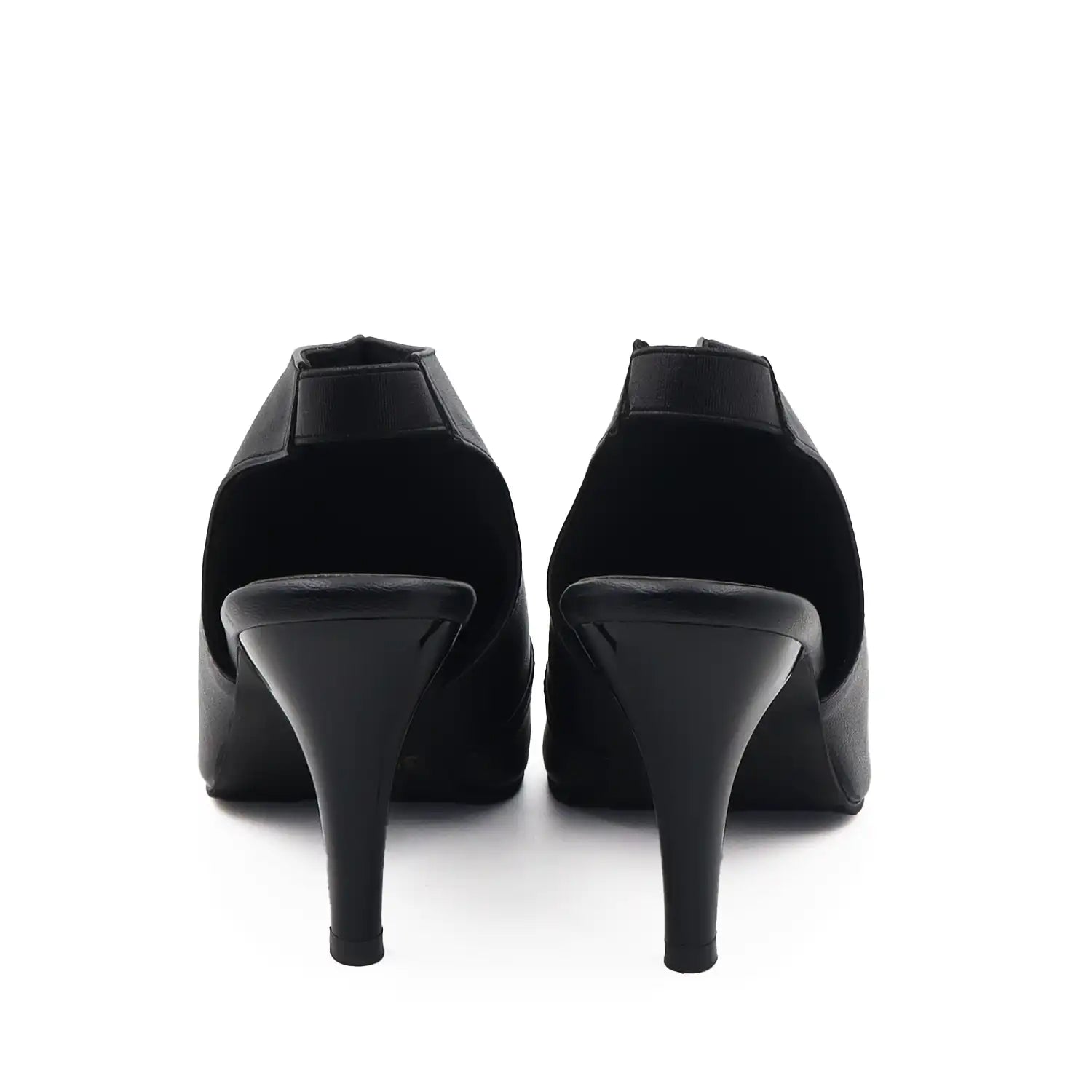 Black high-heeled pump shoes for women shown from the back, featuring a pointed slingback design