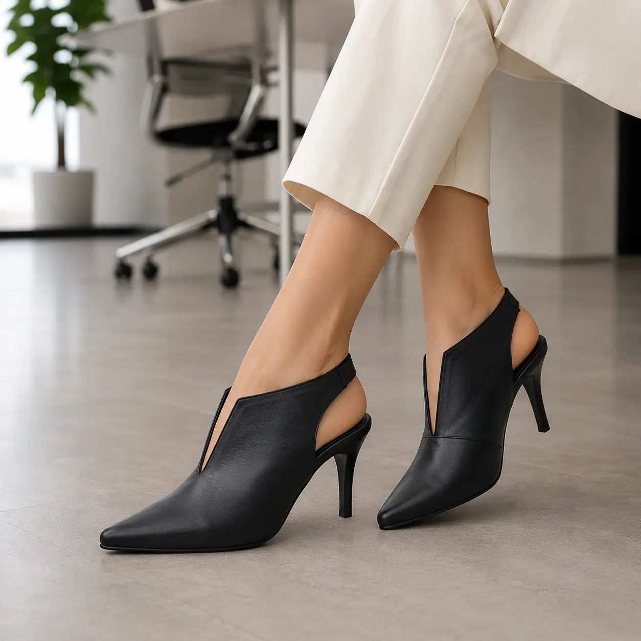 Oyoqchi women's black sling back pointed heel sandal, lifestle view