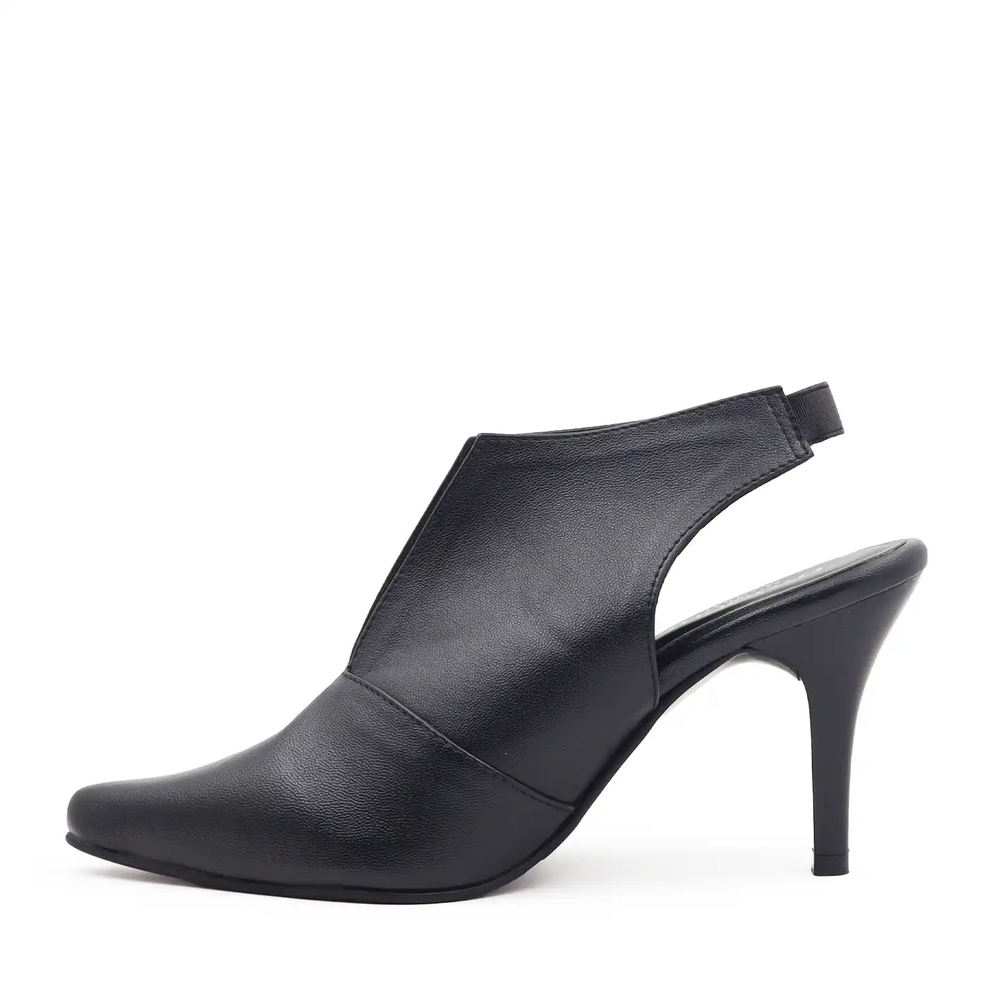 A single black leather slingback ankle boot with a pointed toe and a slim high heel, side view
