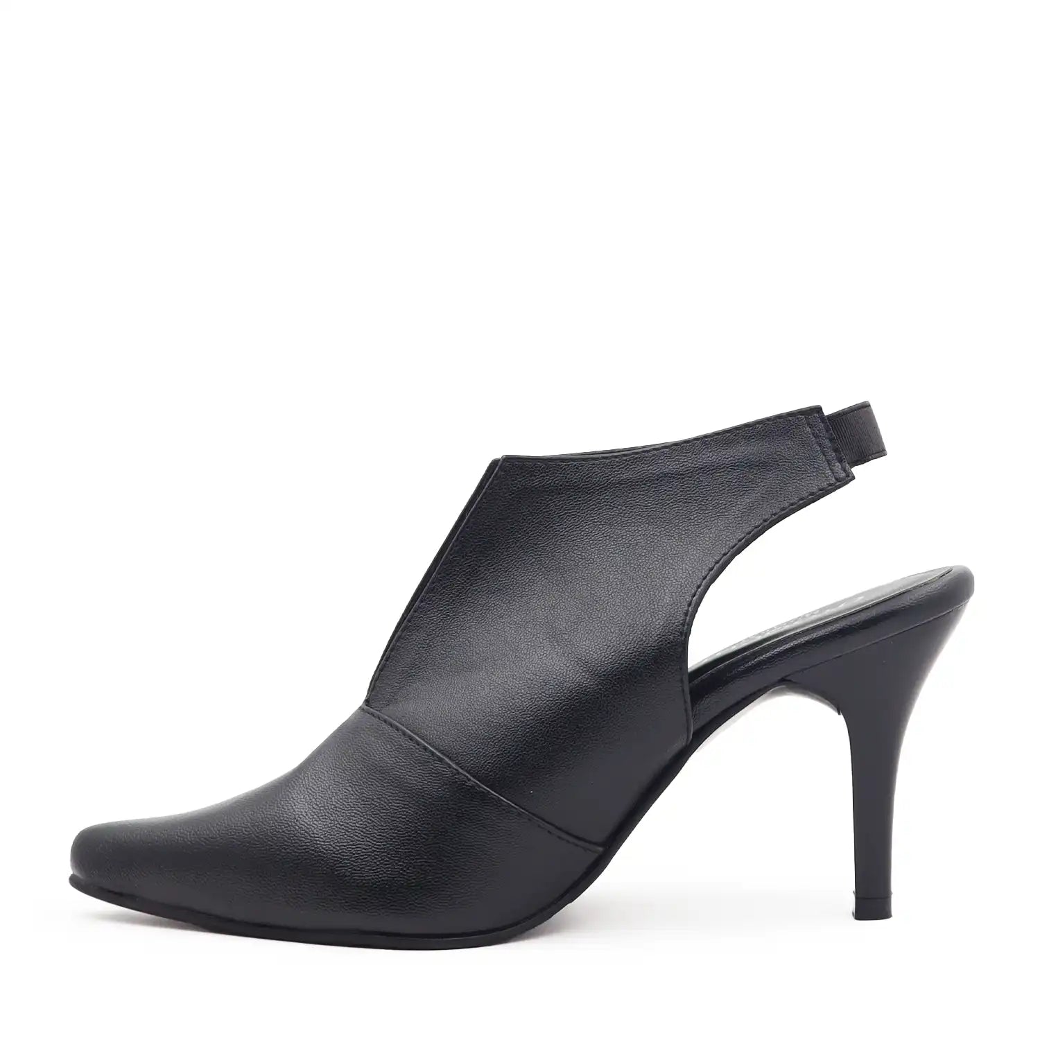 A single black leather slingback ankle boot with a pointed toe and a slim high heel, side view