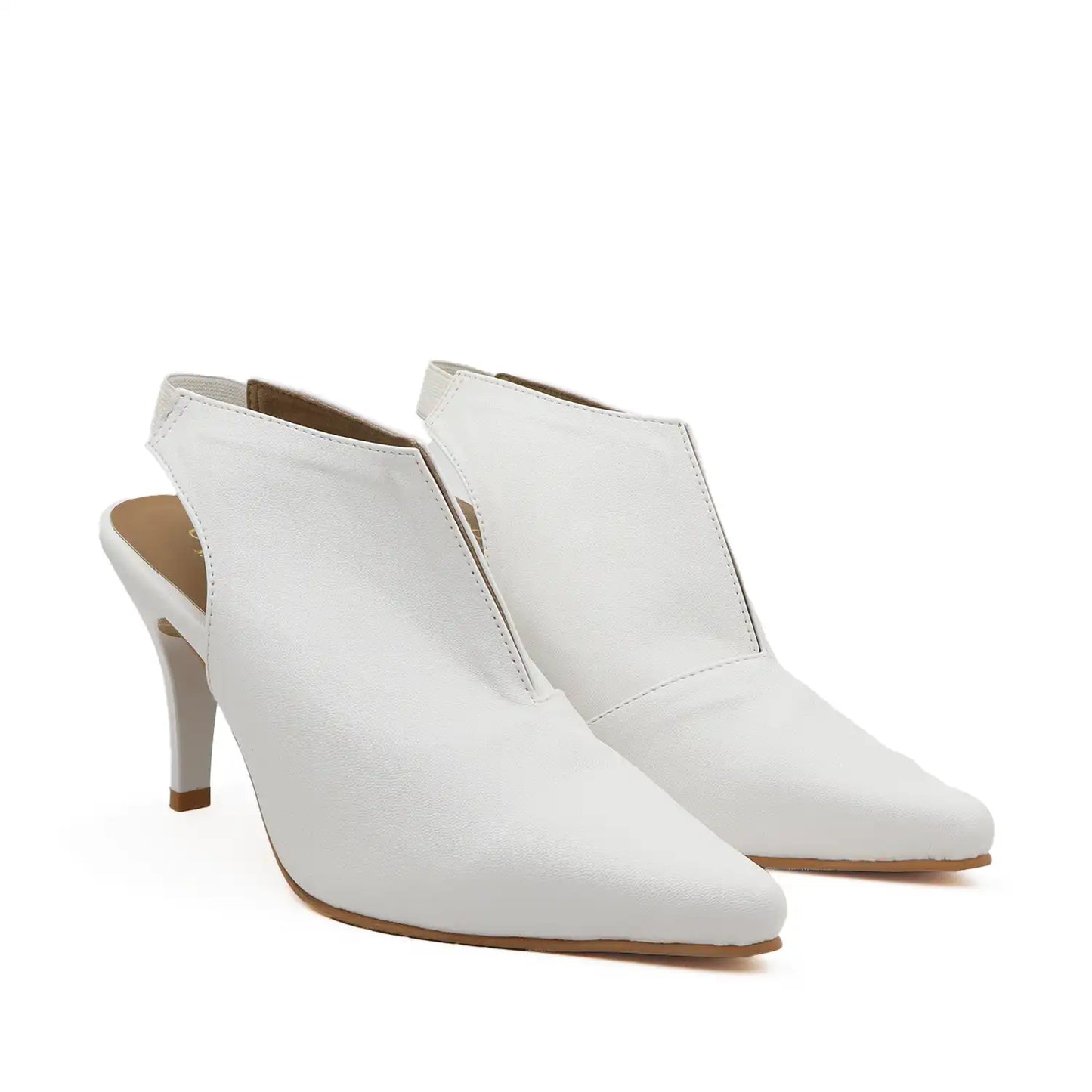 A pair of oyoqchi white pointed-toe slingback ankle boots with mid-height stiletto heels