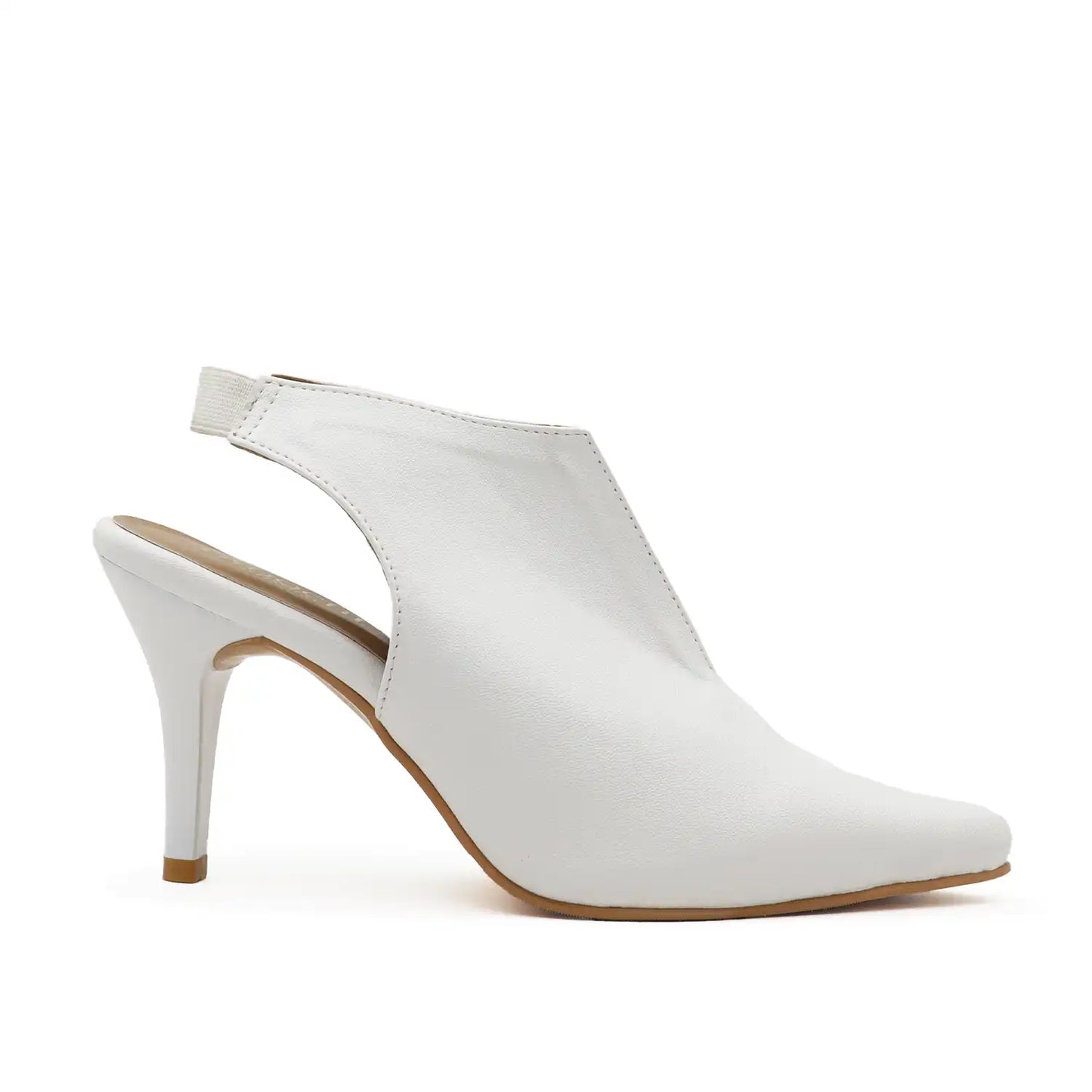 A white pointed-toe slingback high heel shoe with a slim stiletto heel, shown in profile against a plain white background.